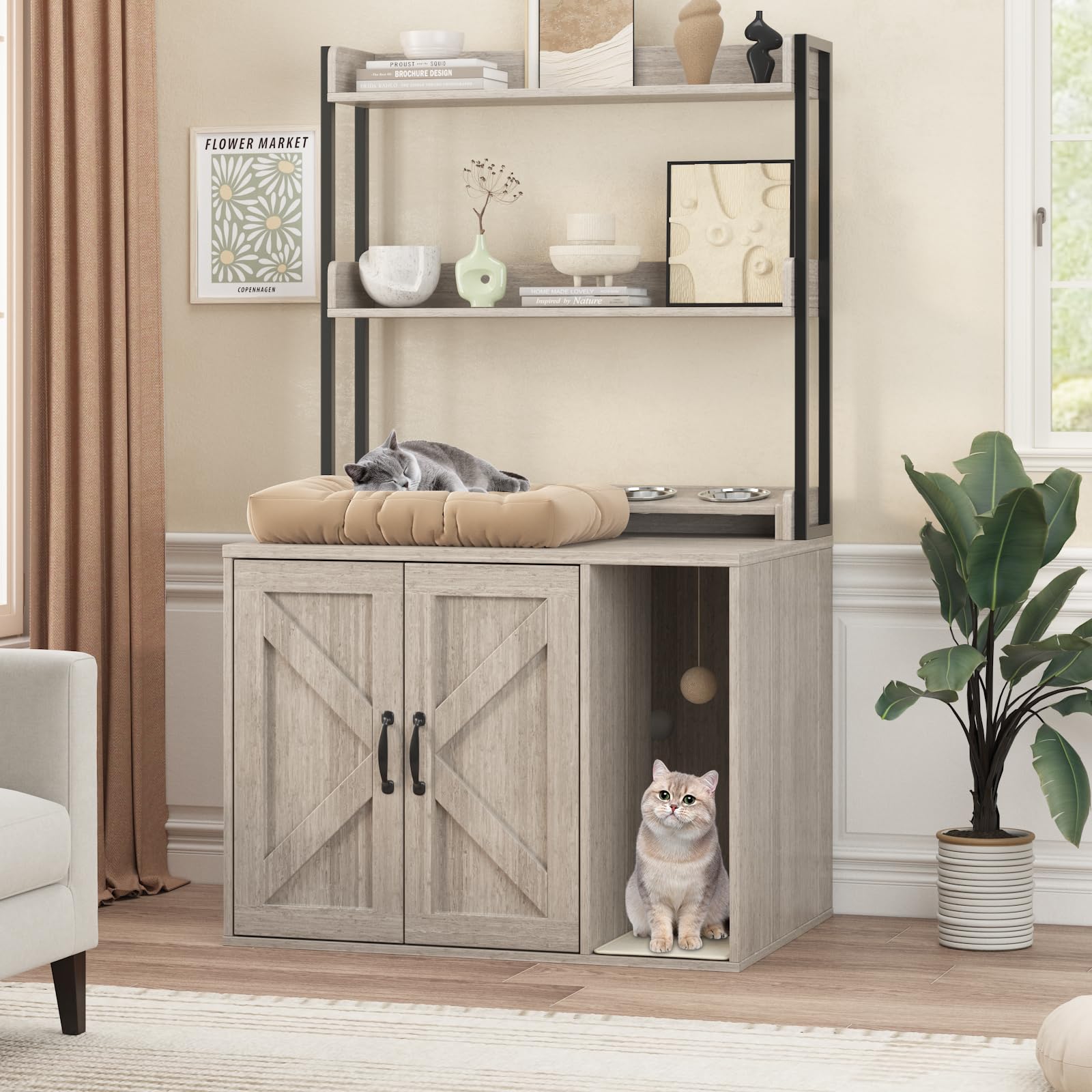 GarveeLife - Hidden Cat Litter Box Furniture Indoor Wooden Cat House Cabinet with 2 Tier Storage ...