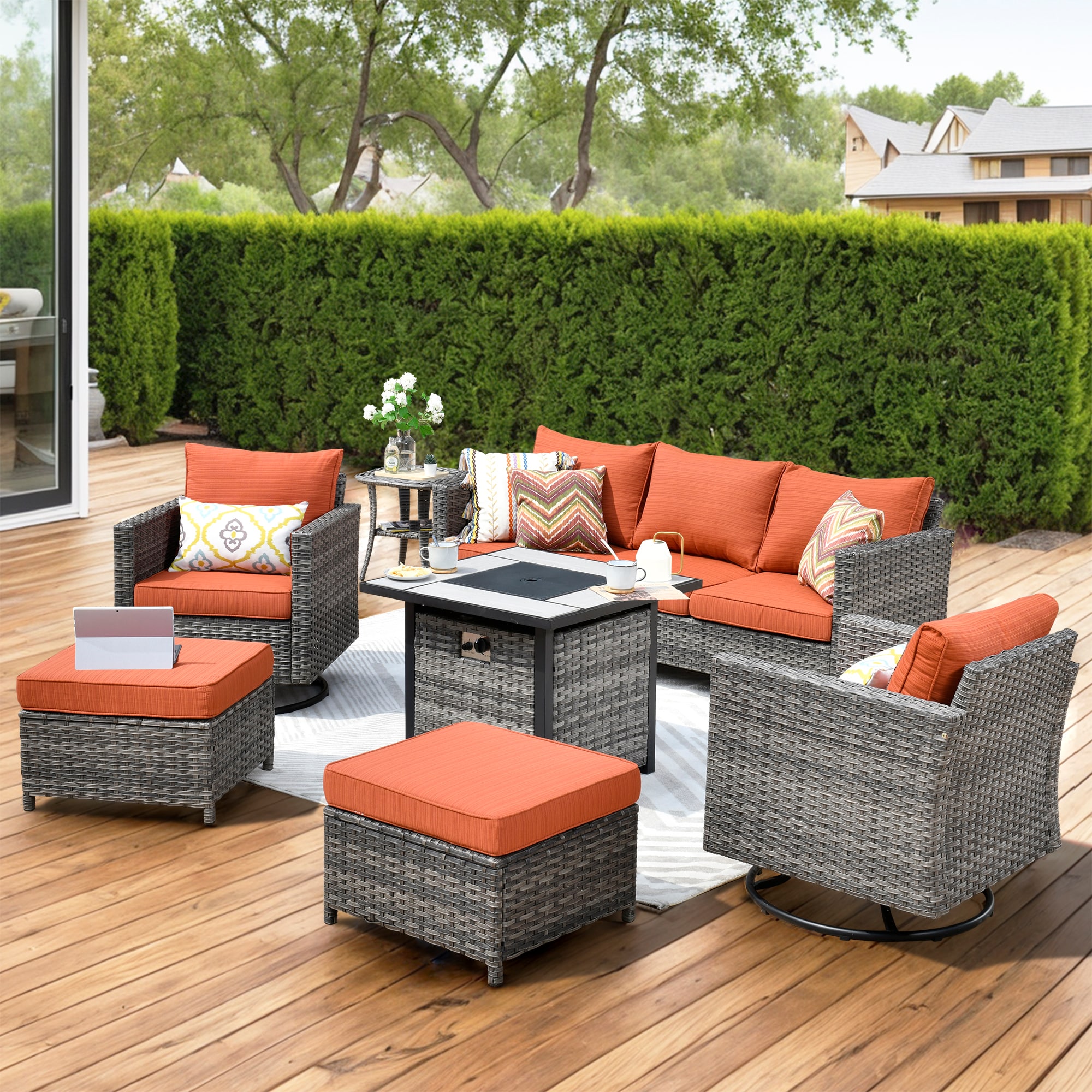 XIZZI Lullaby 7-Piece Rattan Patio Sofa Conversation Set with Orange ...