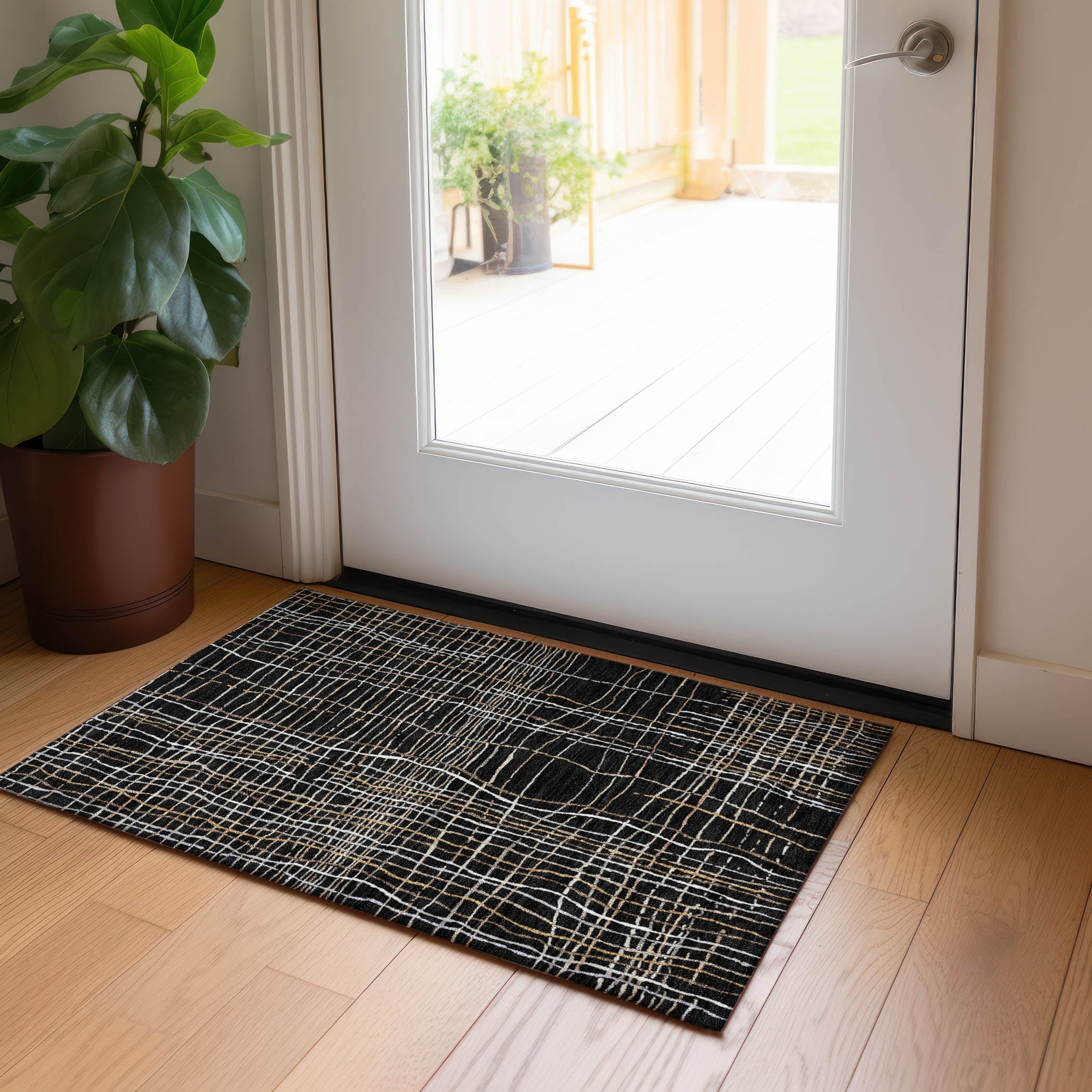 Black and White Synthetic Flat Woven Washable Rug, 20" x 30"