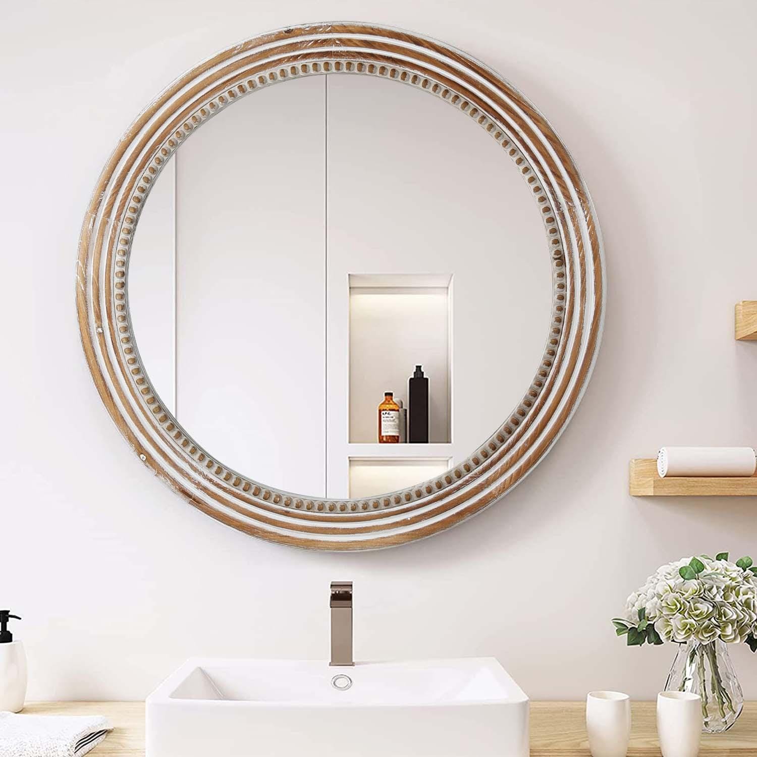 Bayfeve BF-246677-MIR Round Decorative Mirror 24-in x 24-in Framed Round Bathroom Vanity Mirror ( Antique Natural )