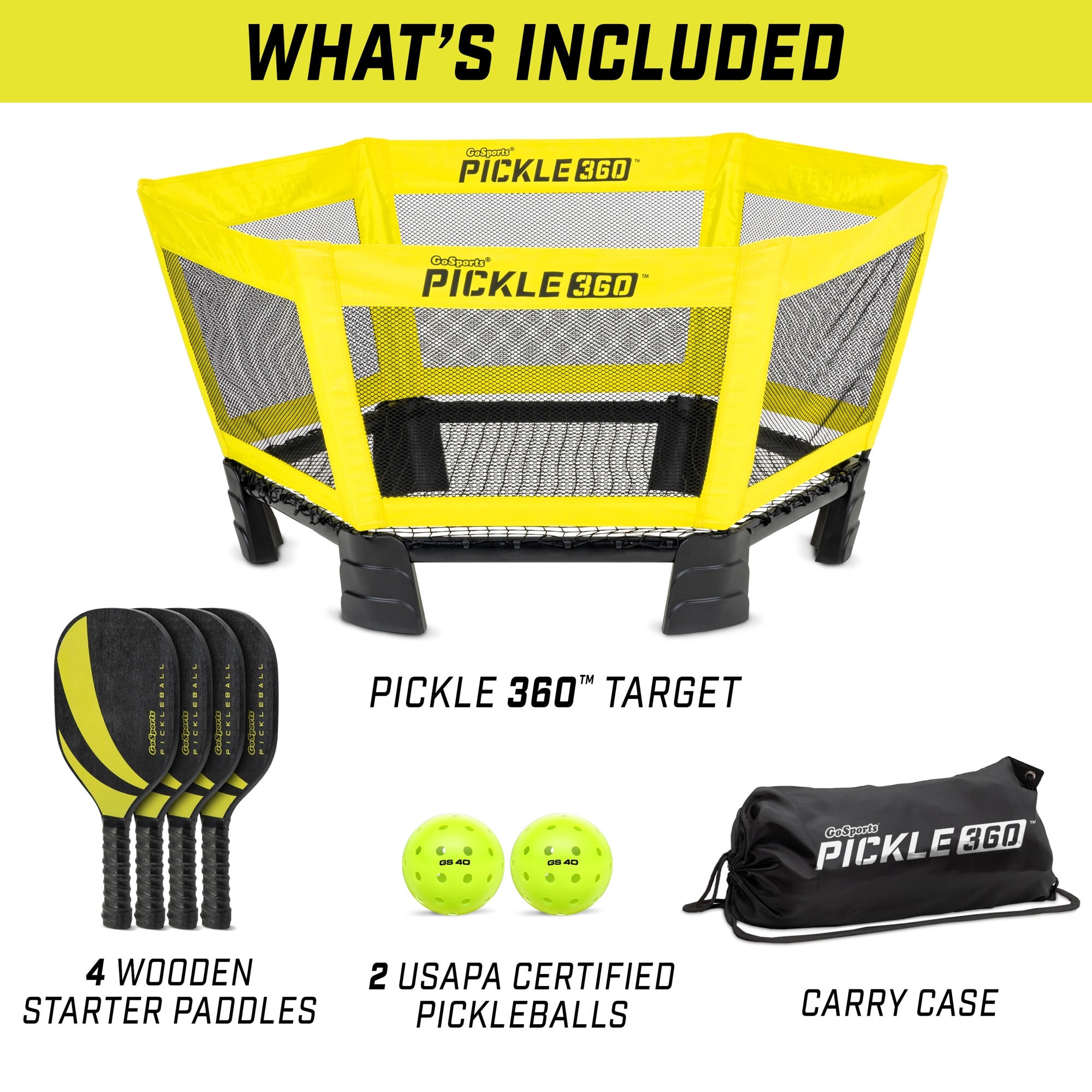 GoSports Pickle 360 Yellow and Black Paddle Ball Game Set