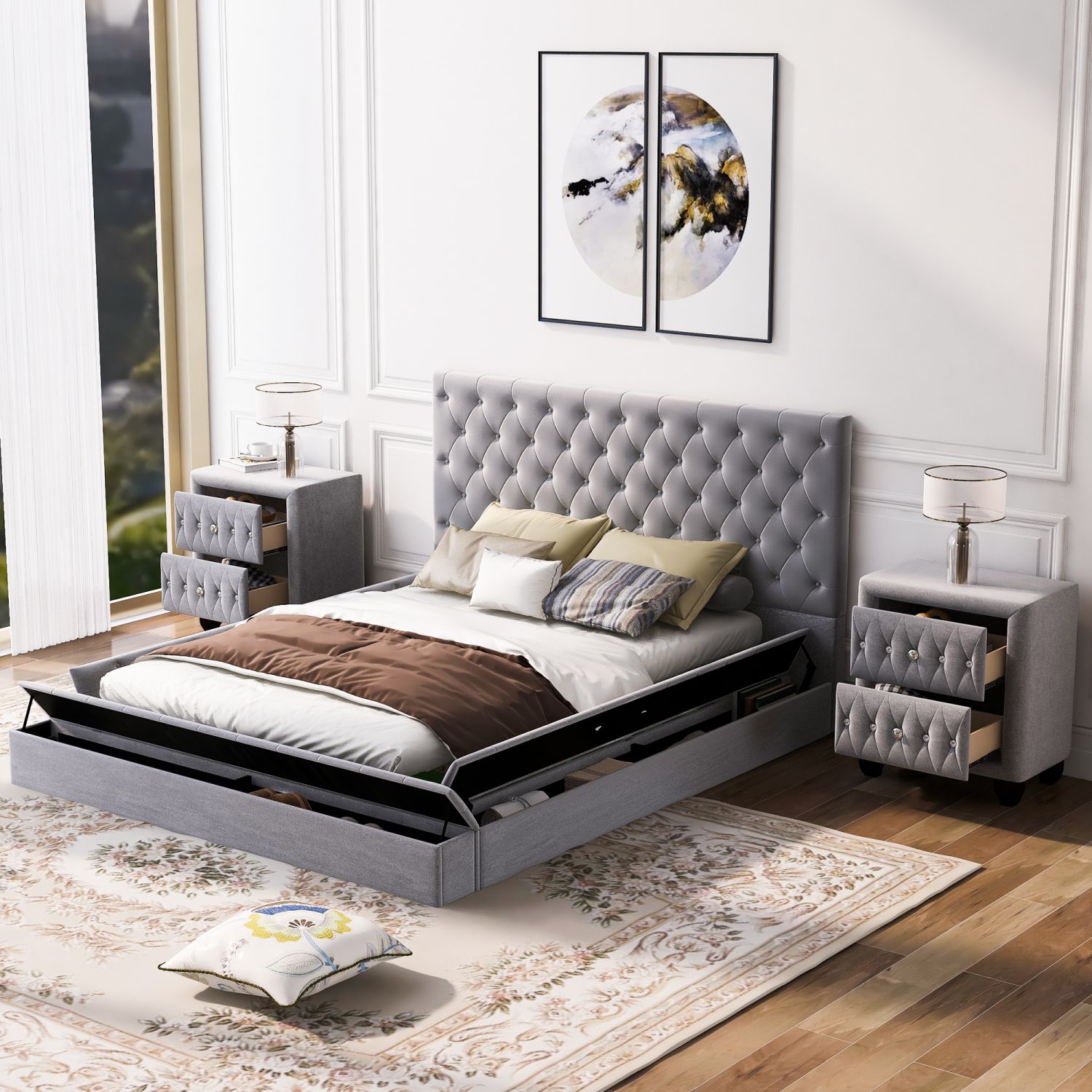 JASMODER GX001503AAE Gray Full Composite Platform Bed with Storage
