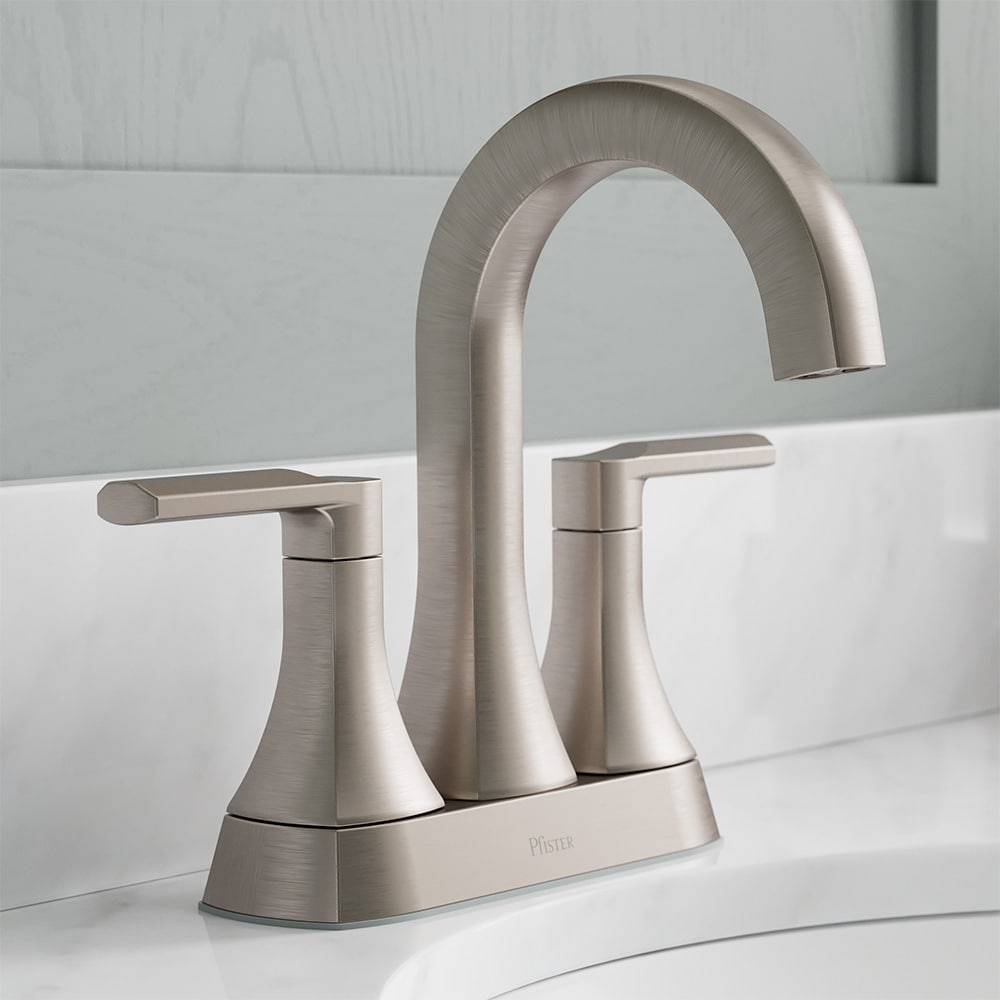 Pfister LF-048-VRIGS Vaneri Spot Defense Brushed Nickel 4-in centerset 2-handle WaterSense Mid-arc Residential Handle Bathroom Sink Faucet with Drain