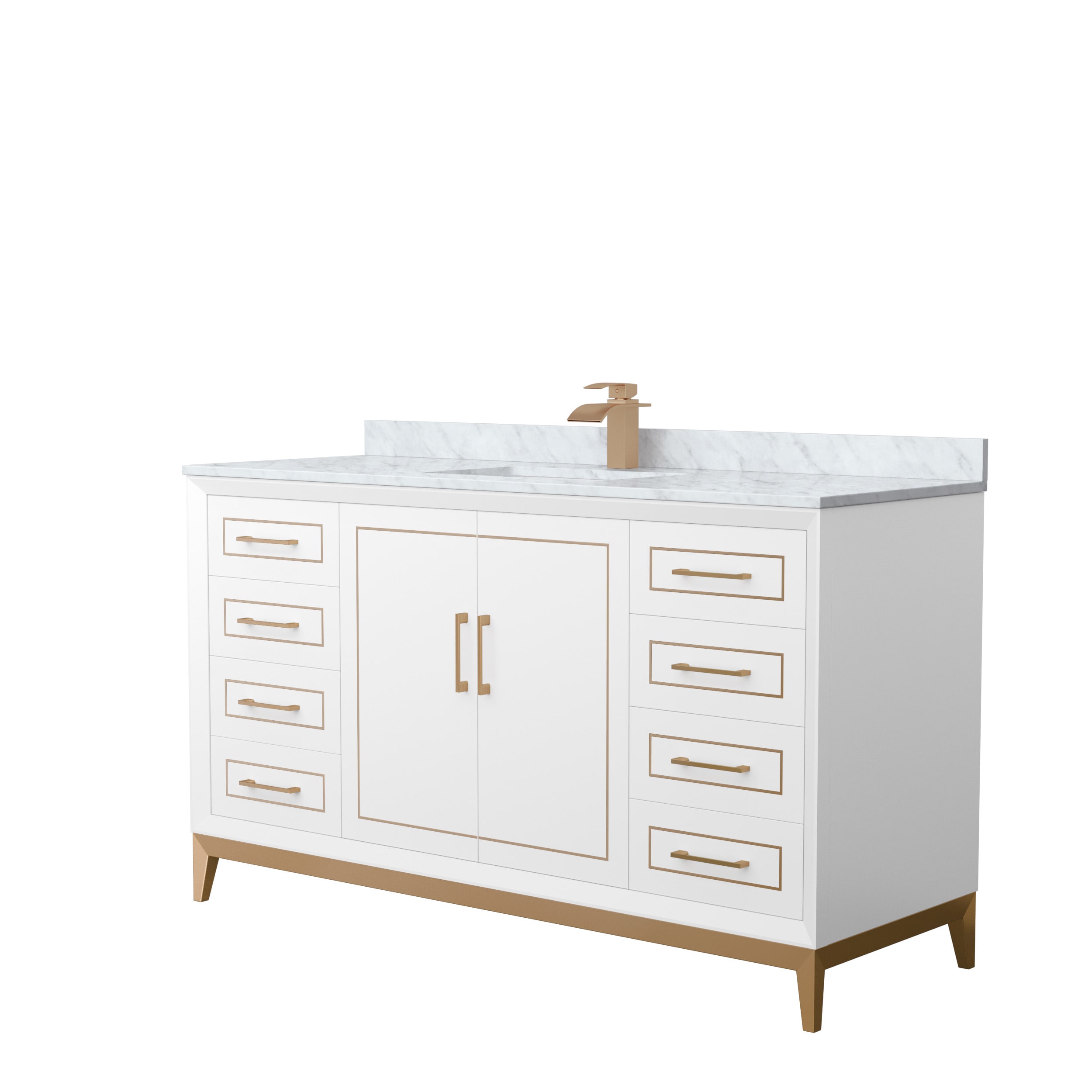 Wyndham Collection WCH515160SWZCMUNSMXX Marlena 60-in White with Satin Bronze Trim Undermount Single Sink Bathroom Vanity with White Carrara Marble Natural Marble Top