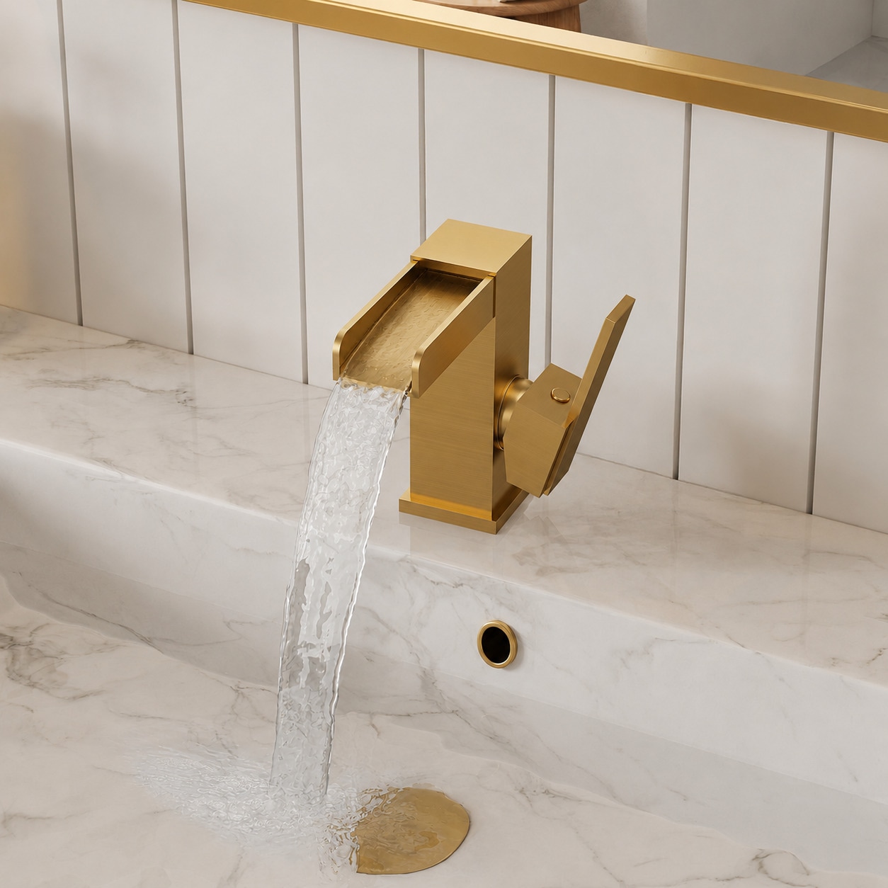 YAWWALK - Brushed Gold Waterfall Single Hole 1-Handle Low-Arc Bathroom Sink Faucet Assembly with...