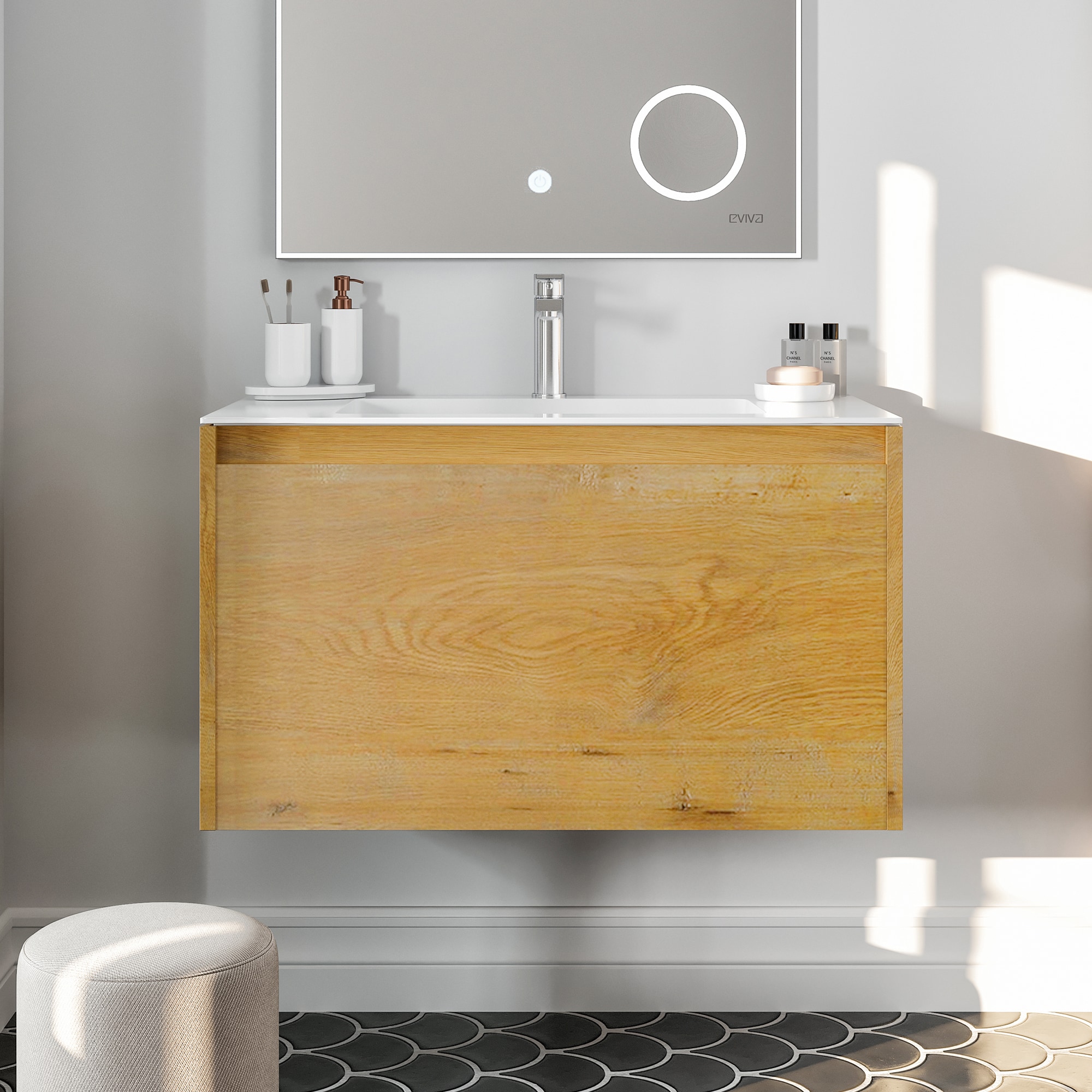 Madeira 36" Oak Wall Mount Vanity with White Acrylic Sink