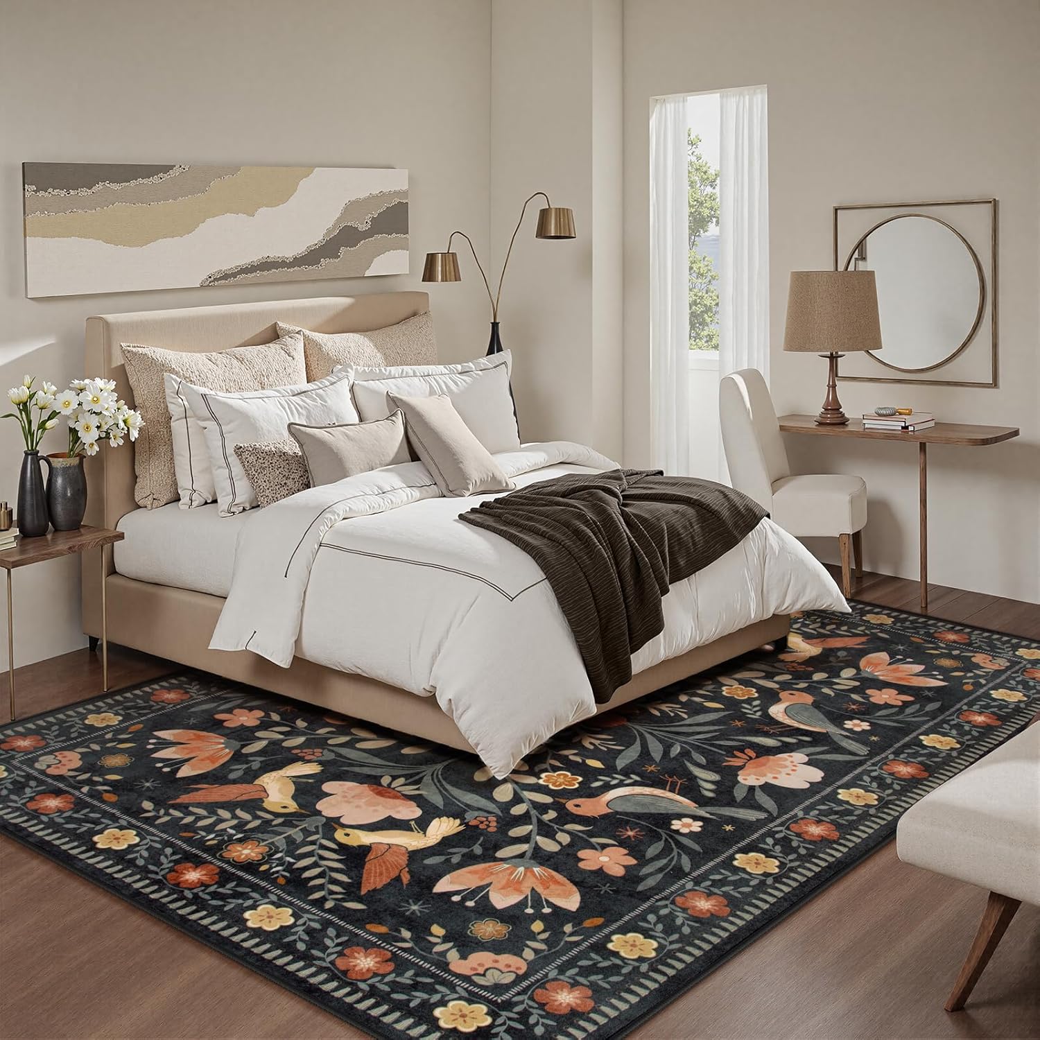 Lahome AR-DYRZP-017-B1 5 x 7 (ft) Black Christmas Forest Deer Moroccan Full Coverage Pearl Velvet Rectangular Indoor Area Rug