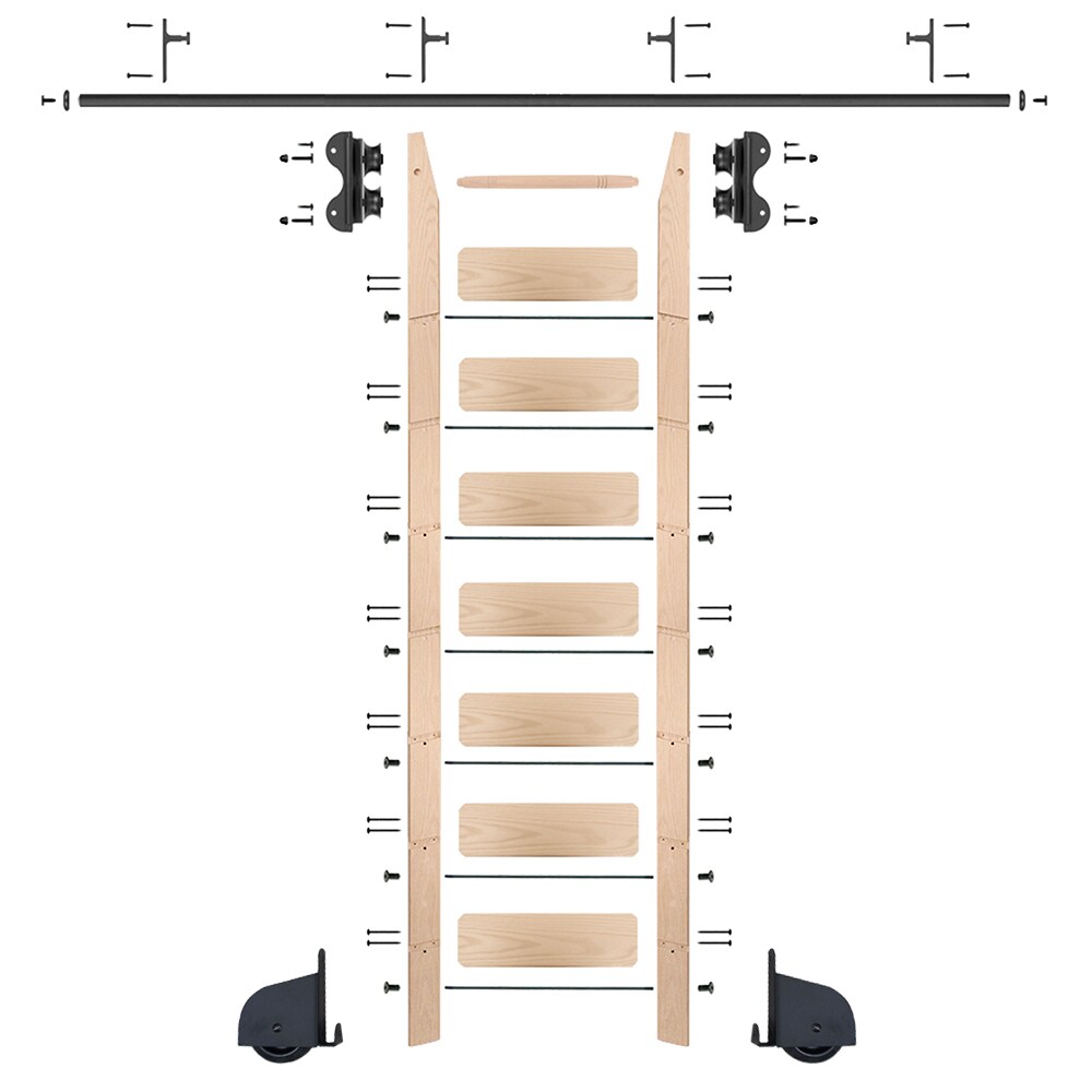 Quiet Glide QG.240-8MA-08-V.08 8 ft. Maple Library Ladder Black Contemporary Rolling Ladder Kit with 8 ft. Rail and Vertical Brackets