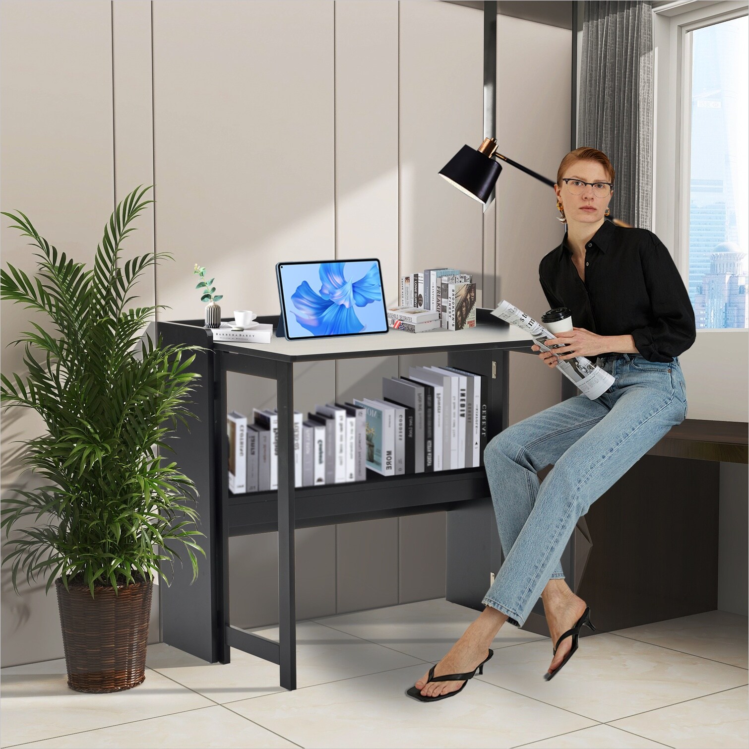 Watnature Foldable Wood Writing Desk in Jet Black with Storage Shelf ...