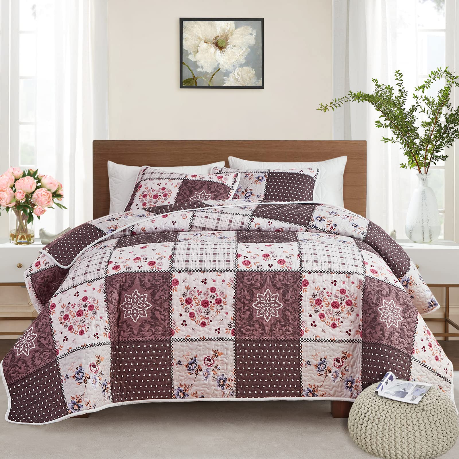 WZKZLH Brown Queen 90x90 in Floral Plaid Patchwork Reversible All Season Soft Microfiber Bedspread Set 1 Quilt and 2 Pillow Shams