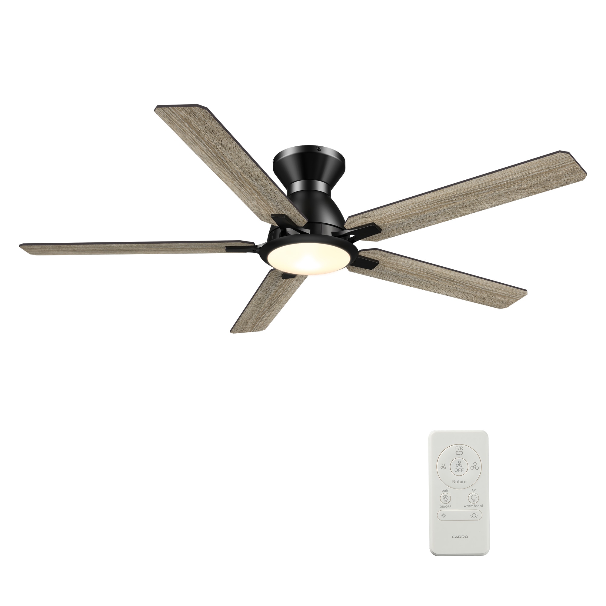 CARRO USA Essex 52-in Black with Gray Oak Blades Indoor/Outdoor Flush Mount Smart Ceiling Fan with Light and Remote (5-Blade) LS525J-L12-BO-1-FM Sansujyuku sansujyuku.com