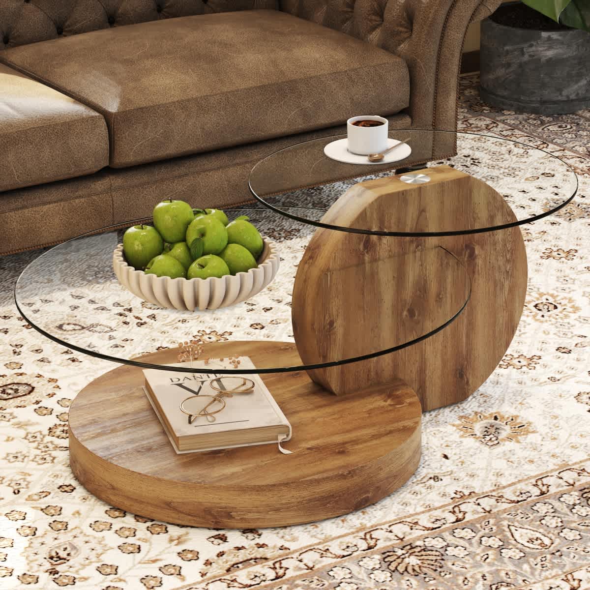 Maison Boucle - Brown 31.5-in Round Tempered Glass 2 Tier Coffee Table with Storage Shelf