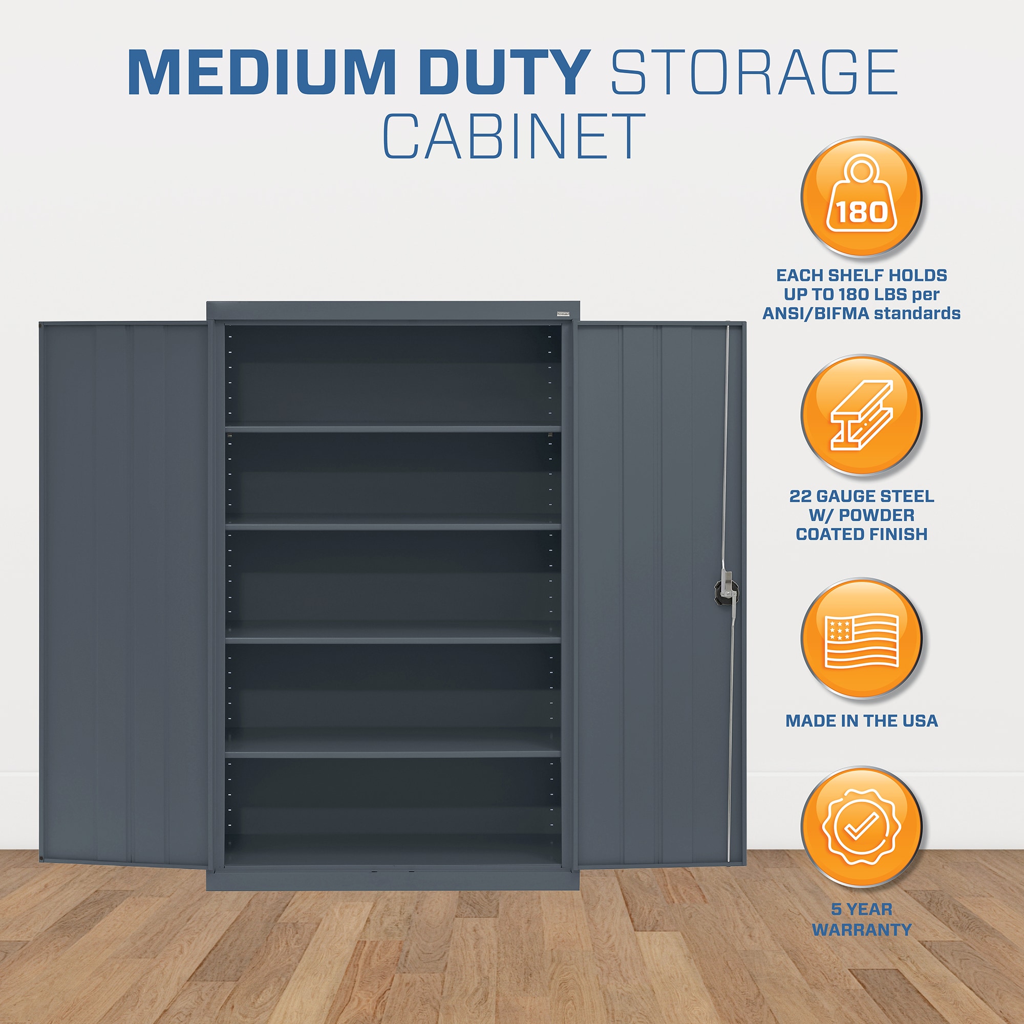 Gray Steel Freestanding Lockable Office Cabinet with Adjustable Shelving