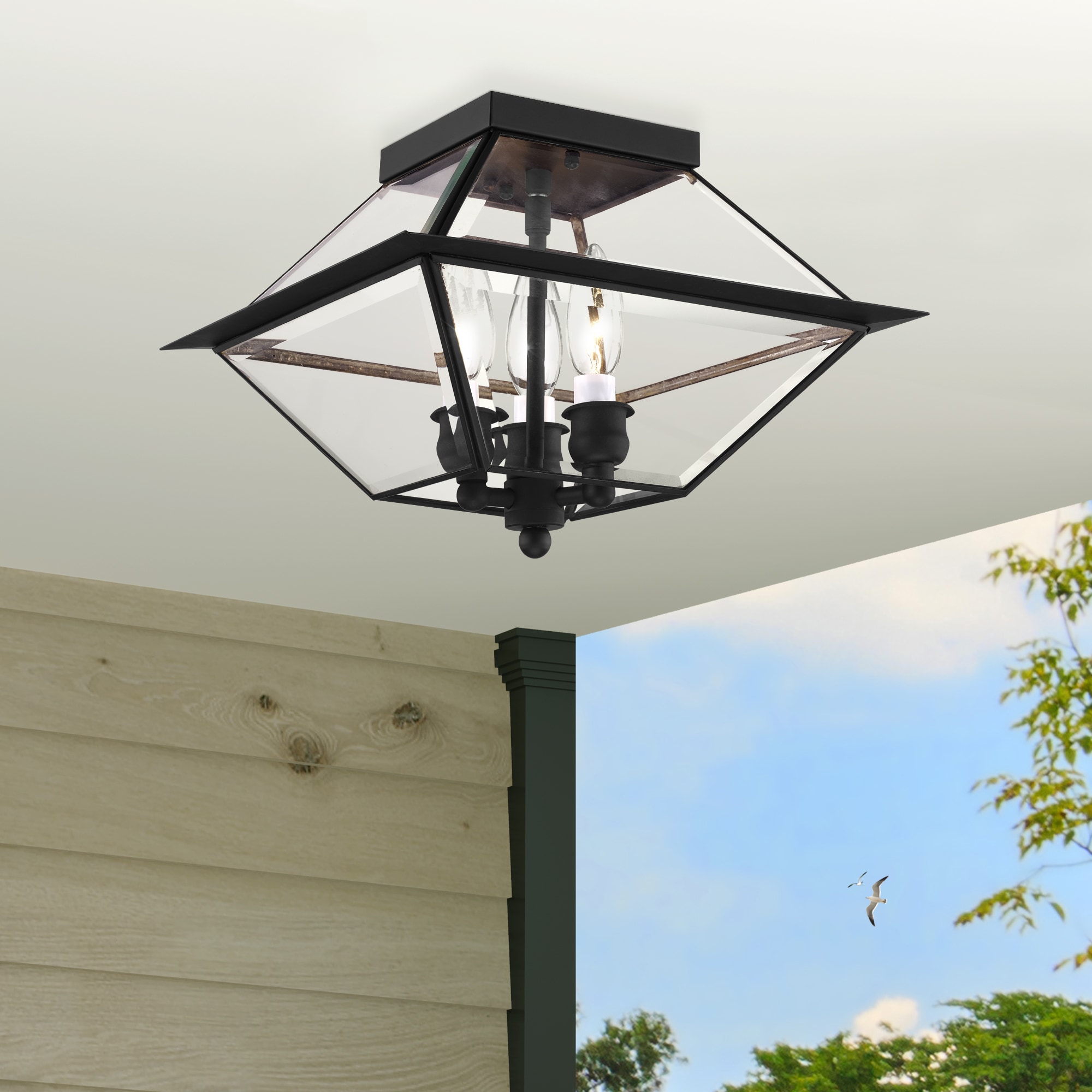 Charleston Romance Black Brass 3-Light LED Flush Mount with Clear Beveled Glass