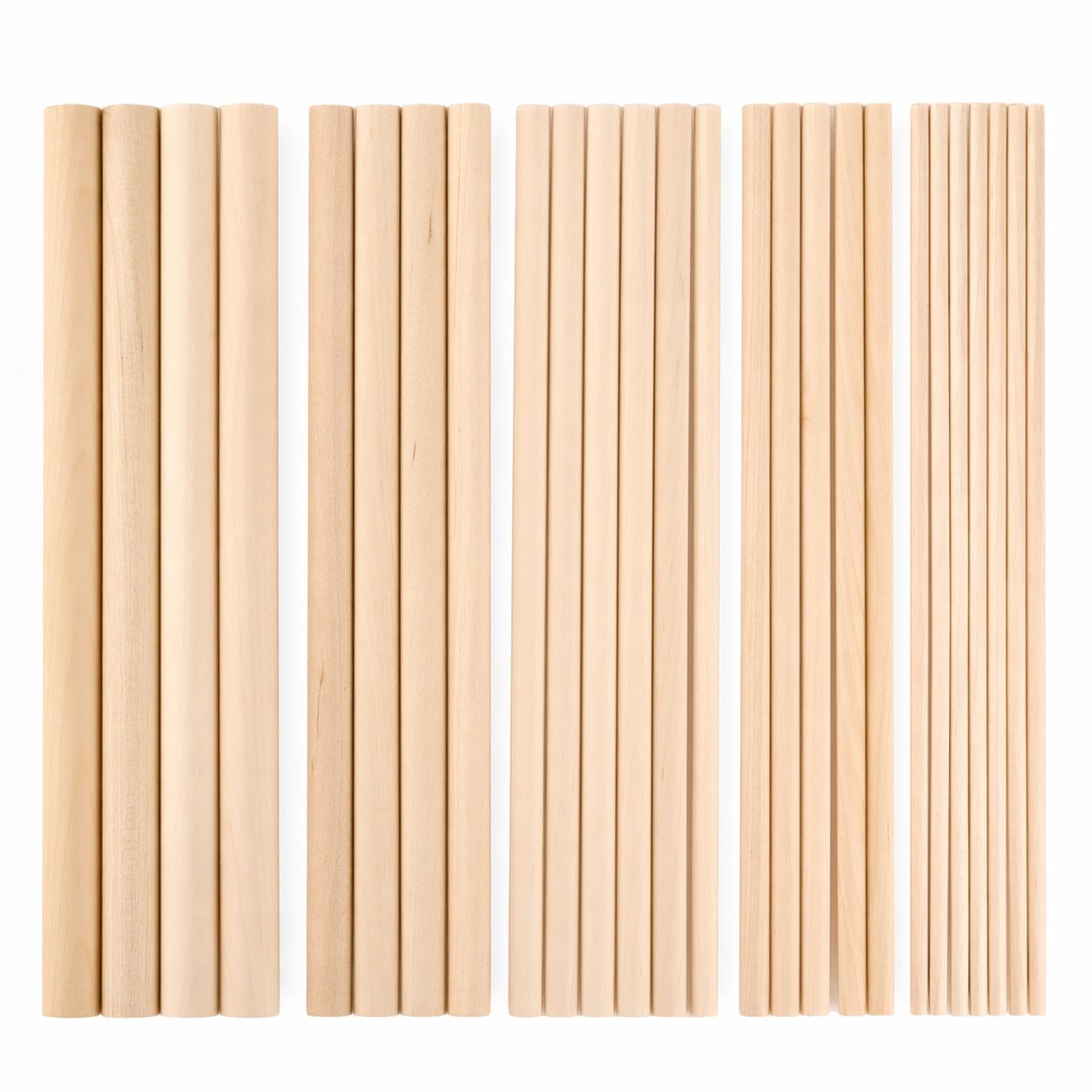 Aoibox  Round Hardwood Dowel Rods 100 Pack Assorted Sizes 1 8 in 3 16 in 1 4 in 5 16 in 3 8 in Diameter x 6
