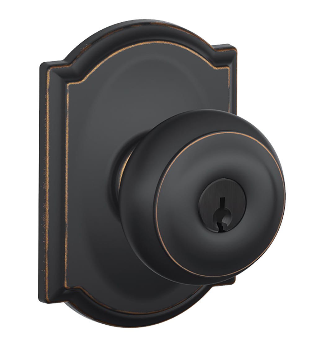 Schlage F Decorative Georgian X Camelot Aged Bronze No Deadbolt Keyed Entry Door Knob In The 3558