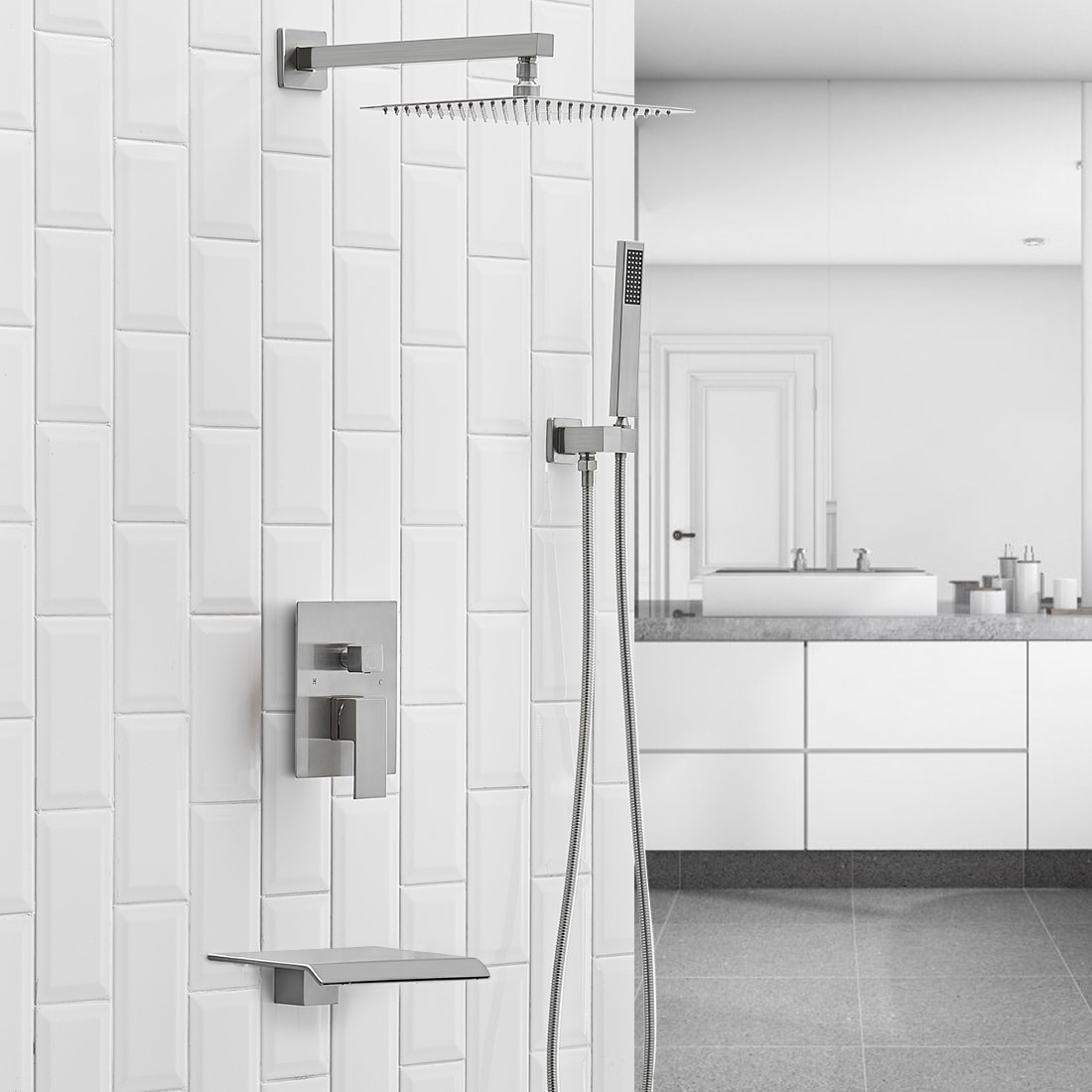 Brushed Nickel 12-Inch Square Rain Shower System with Handheld and Tub Spout