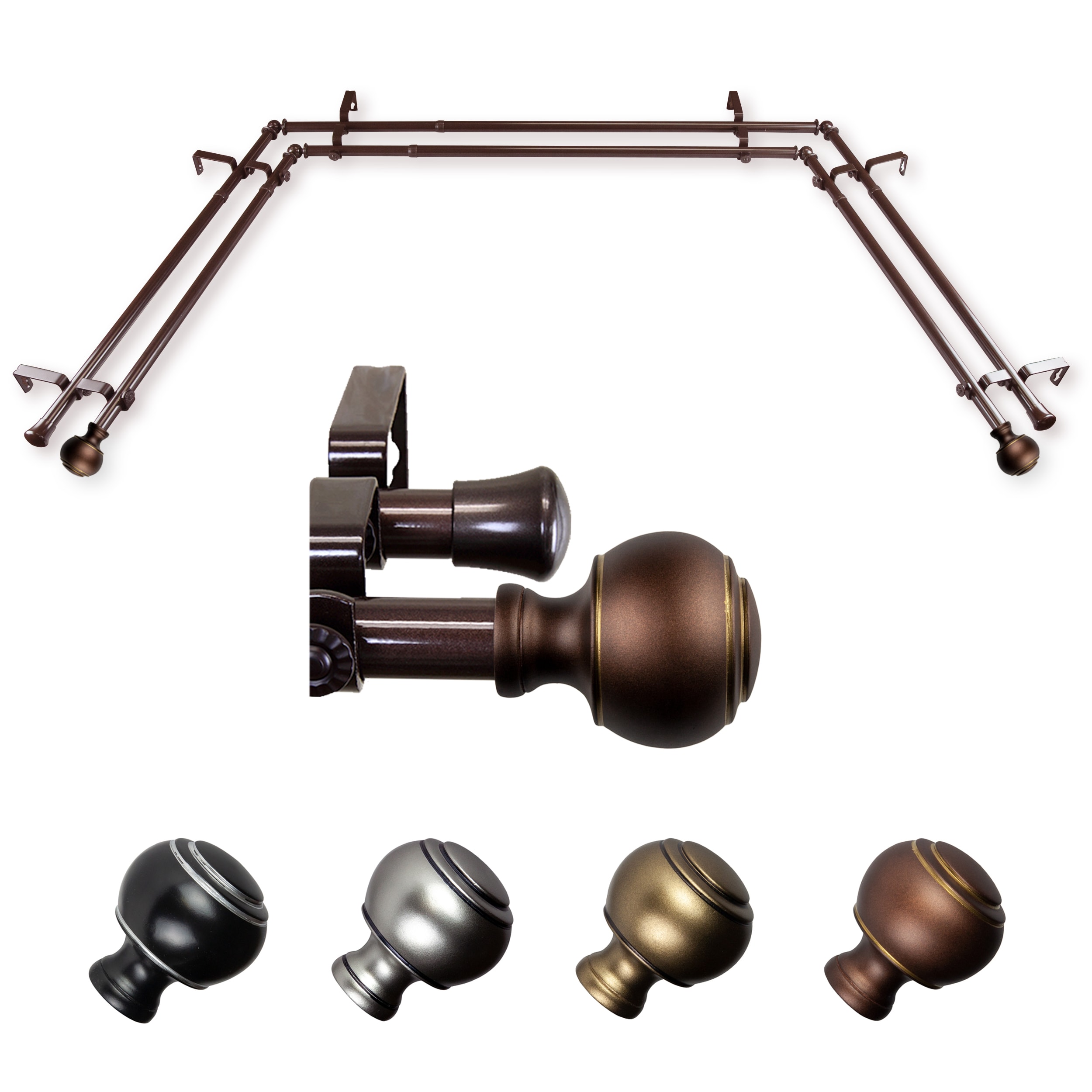 Hart & Harlow L-ABAY-98-7D Jaxon 13/16-in Double 38-in to 72-in Cocoa Steel Bay window curtain rod with Finials