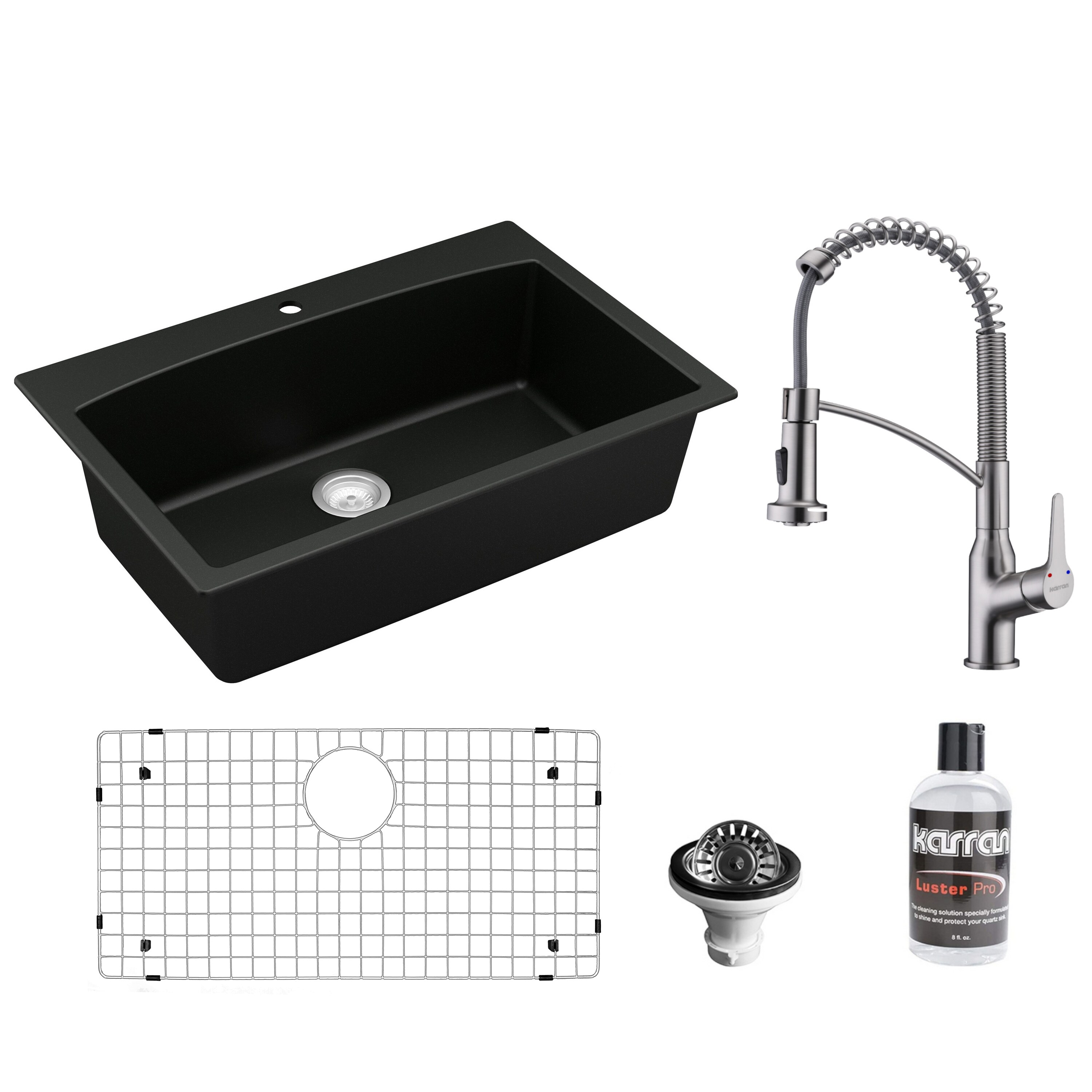 Karran QT712BL210SS Dual-mount 33-in x 22-in Quartz Single bowl 1-Hole Kitchen Sink All-in-One Kit