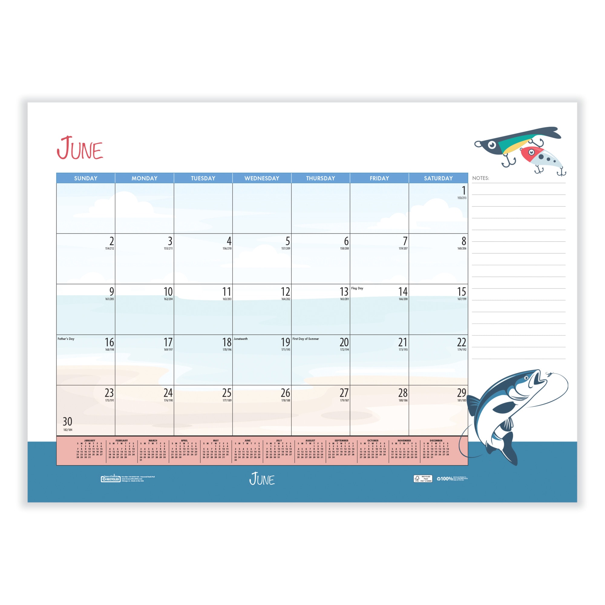 Recycled Desk Pad Calendar, Illustrated Seasons Artwork, 22 x 17, Black Binding/Corners,12-Month (Jan to Dec): 2024
