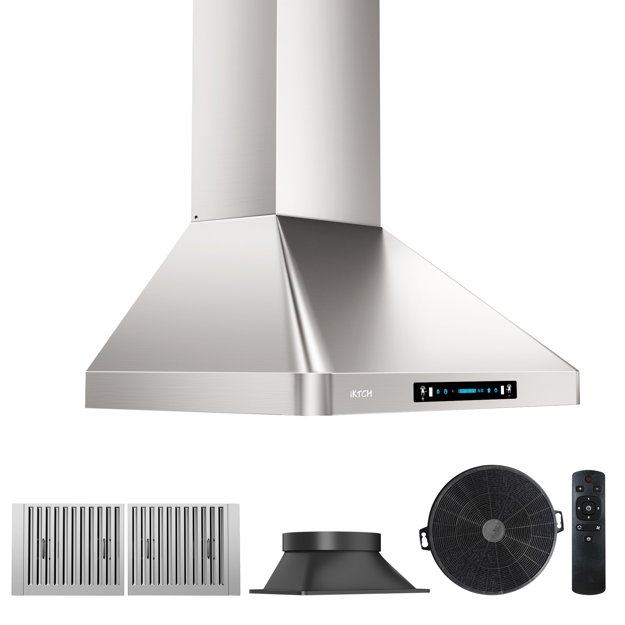 IKTCH IKP0230-BSS IKTcH 30 inch Black Wall Mount Range Hood, 900 cFM  DuctedDuctless Stainless Steel Vent Hood with gesture Sensing & Touch  control