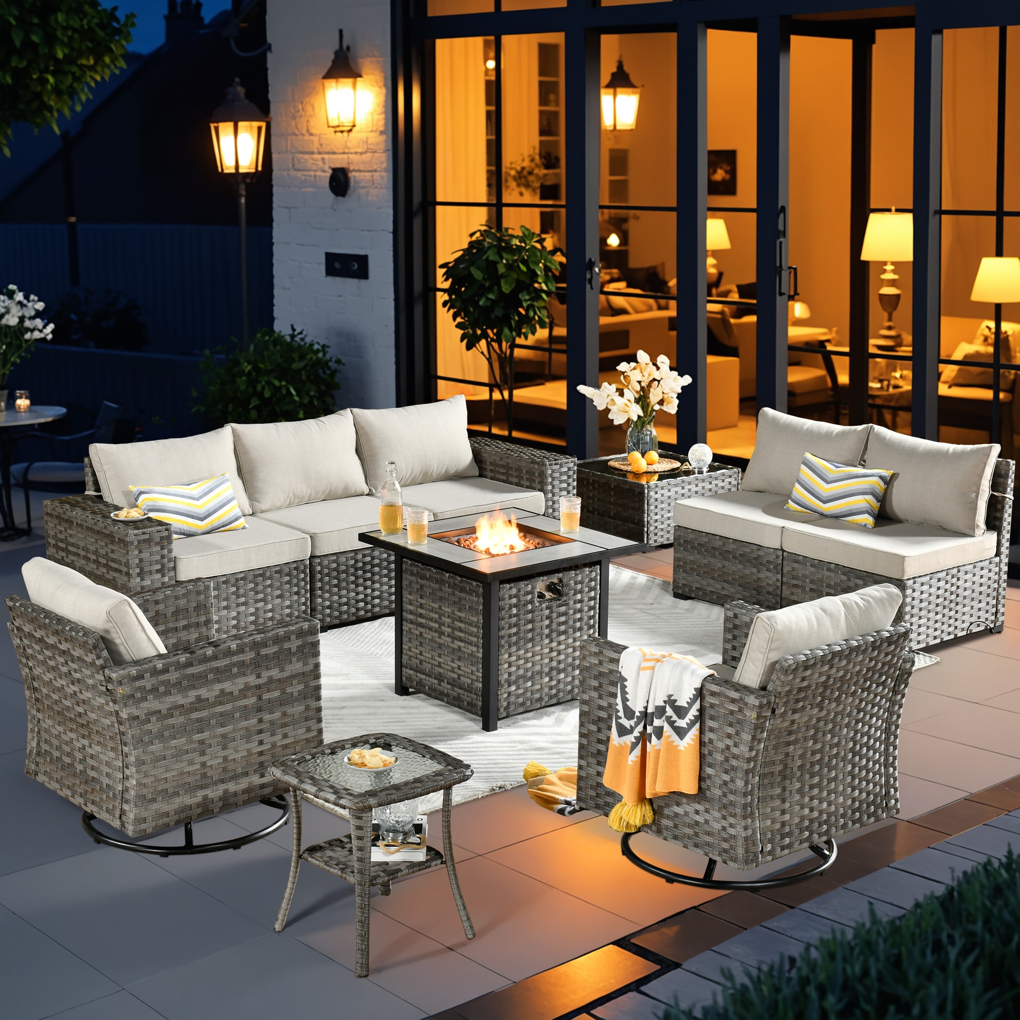 Pouuin SFPYZBBR6-10 10 -Piece Rattan Patio Sofa Conversation Set with Off-white Cushions