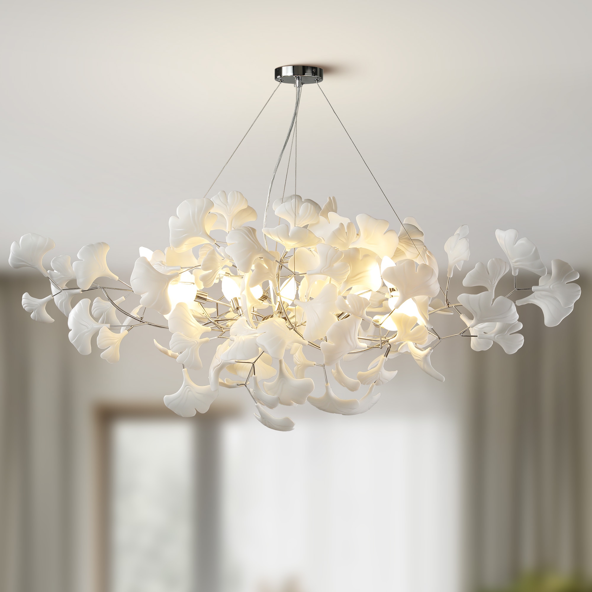 Gleam Flare 60in Luxury Silver Ceramic Ginkgo Leaf Chandelier 10 Lights Modern Rectangular Tree Branch Chandelier for Dining Room Kitchen Island Living Room Foyer Entryway