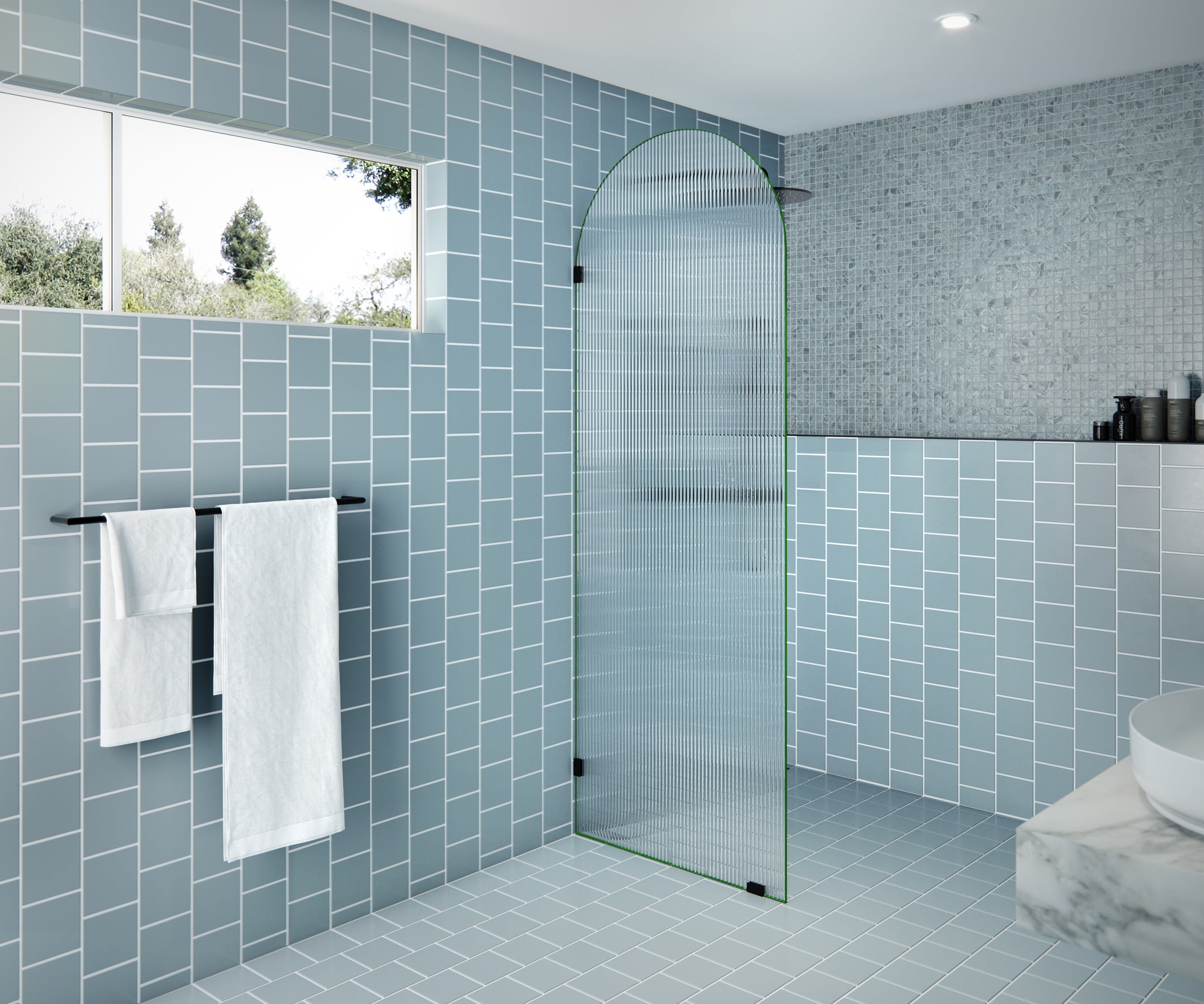 Maven Matte Black Frameless Arched Fluted Glass Shower Panel