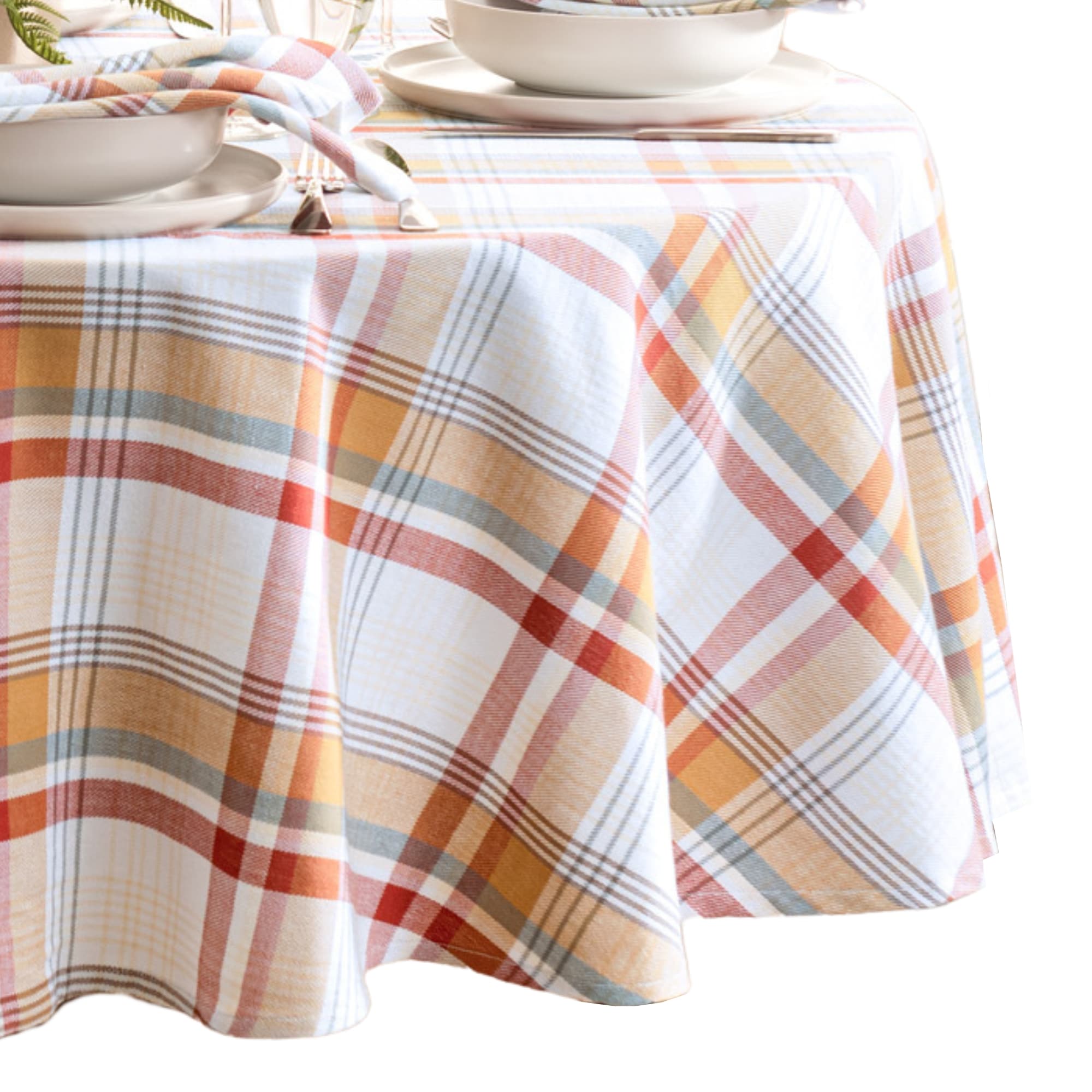 Elrene Home Fashions 194590274412 Seneca Plaid Winter Holiday Cotton 60x84 Oval Indoor Multicolor Table Cover for 6-ft rectangle