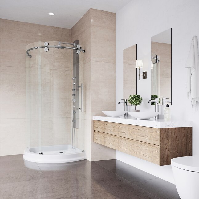 Sanibel 43.625 in. x 79.5 in. Frameless Bypass Shower Enclosure in Chrome and Left Base Sanibel 43.625 in. x 79.5 in. Frameless Bypass Shower Enclosure in Chrome and Left Base