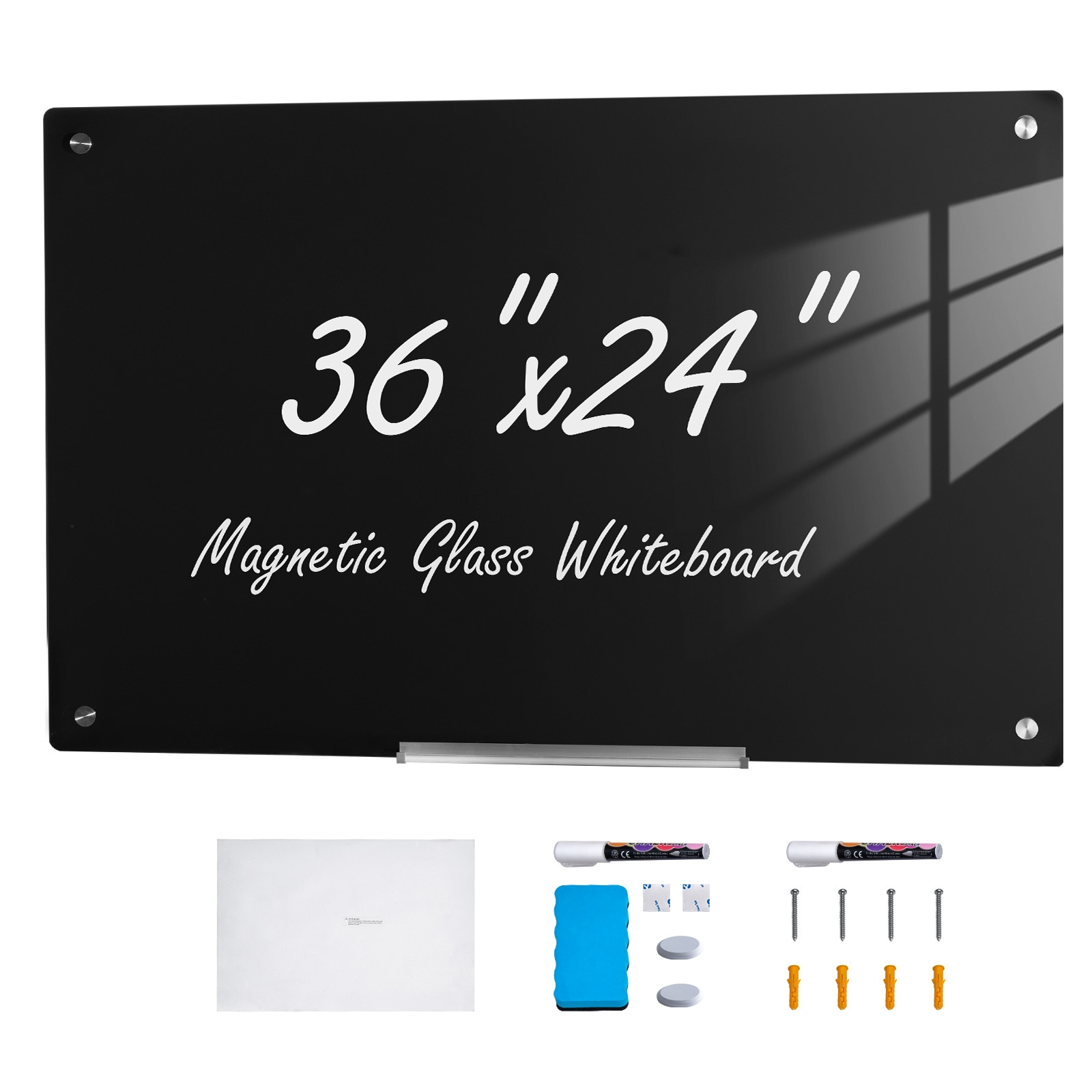 VEVOR SCCXGCBLBGHB05664V0 Magnetic Glass Whiteboard  Dry Erase Board 36inx24in  Wall-Mounted Large White Glassboard Frameless  with Marker Tray  an Eraser and 2 Markers  Black