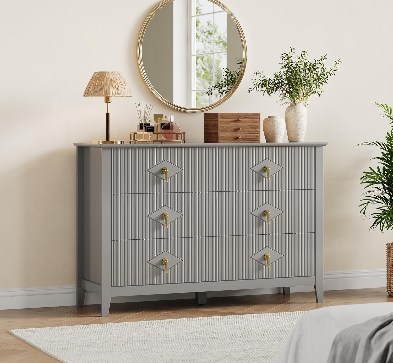 Qeetex WWJ-PTH-337YKXWC Fluted Dresser 47 Inch Wide Storage Organizer Cabinet for Living Room Hallway Entryway Grey