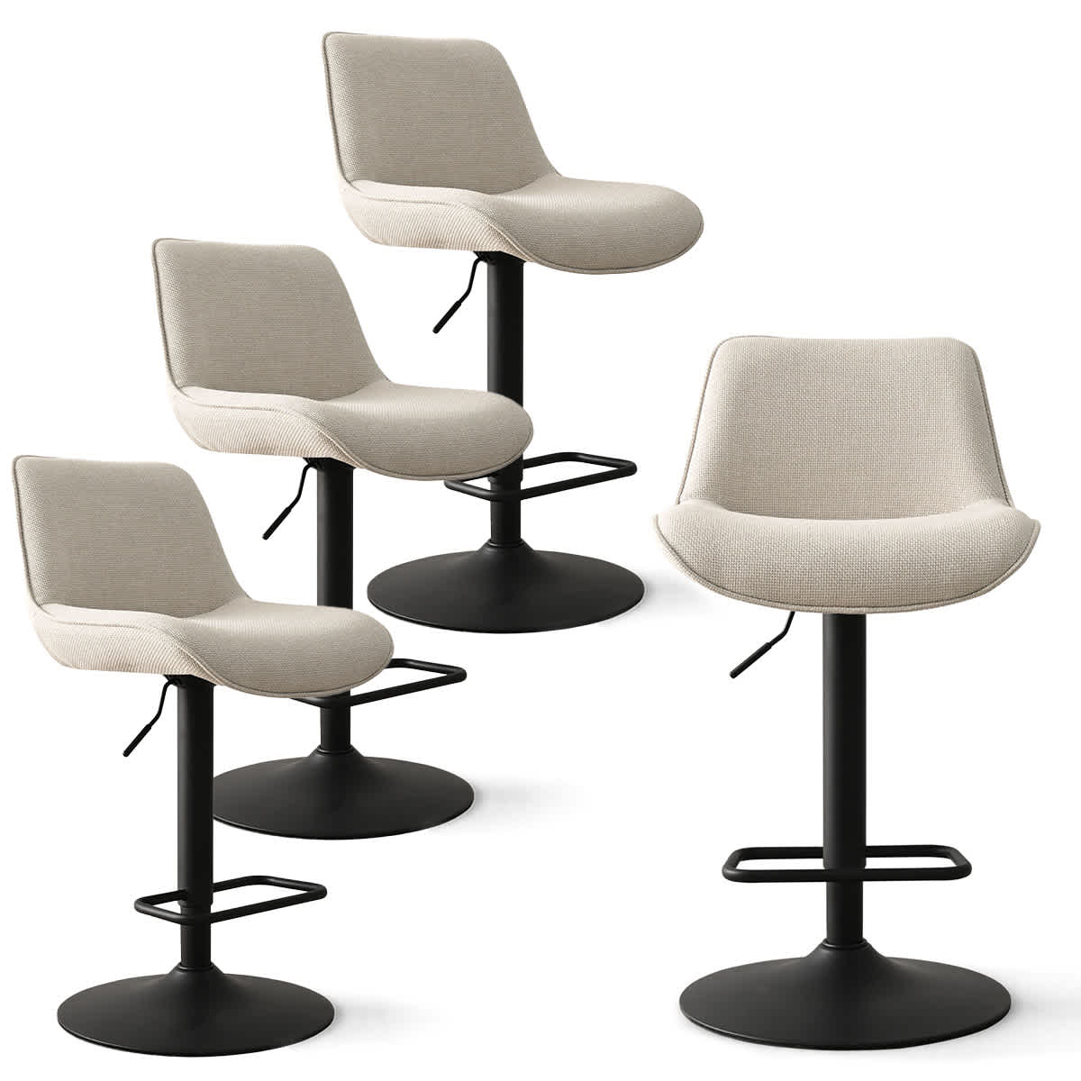 Maison Boucle HUNTER-AB-BEIGE-4 Set of 4 Beige Modern Fabric Bar Stools with 360 Swivel Adjustable Height Padded Counter Stools