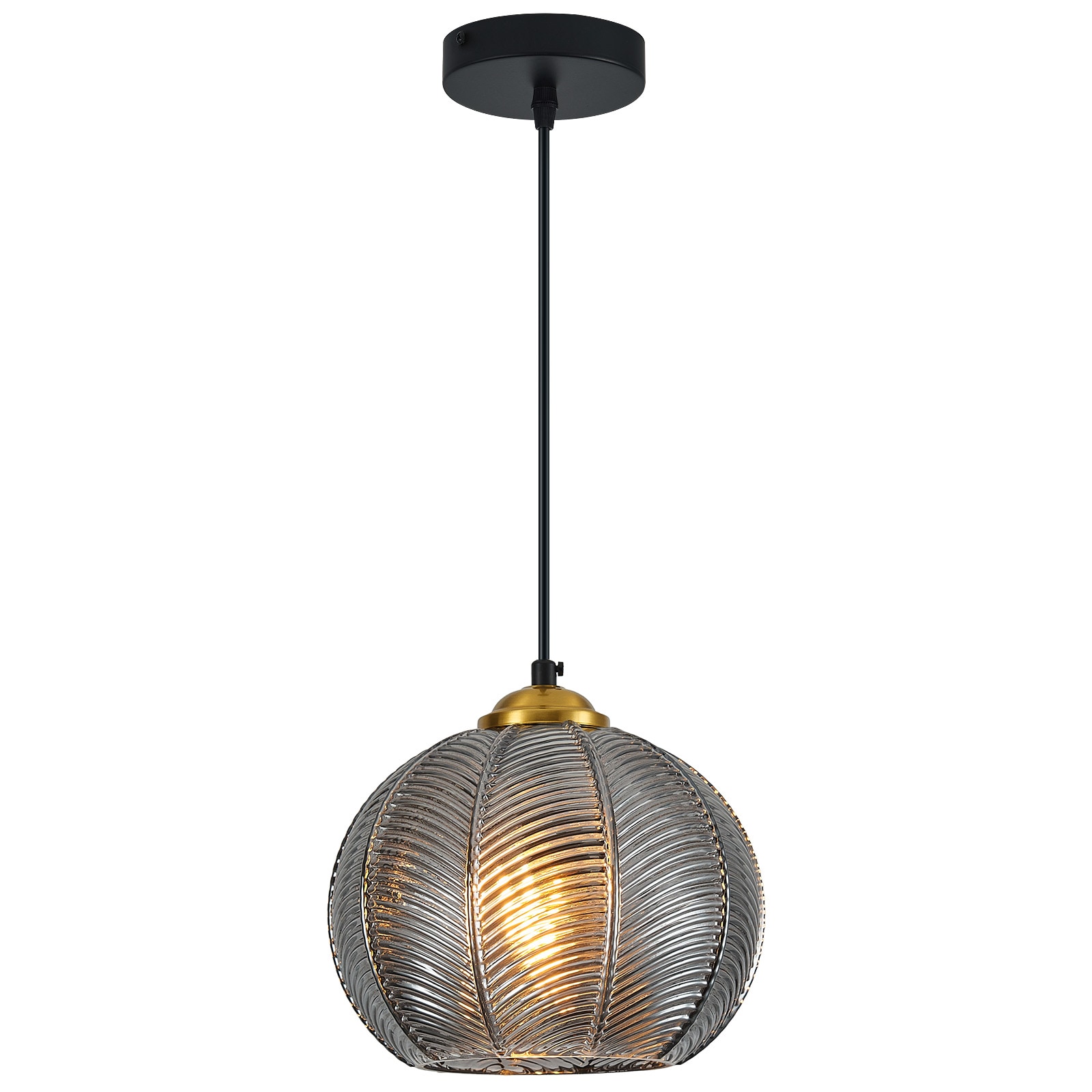 ZHLLMQ Modern 7.87 in 1-Light Black Gold Globe Hand Blown Grey Ribbed Glass Hardwired Adjustable Pendant Light Fixture for Kitchen Island Decor