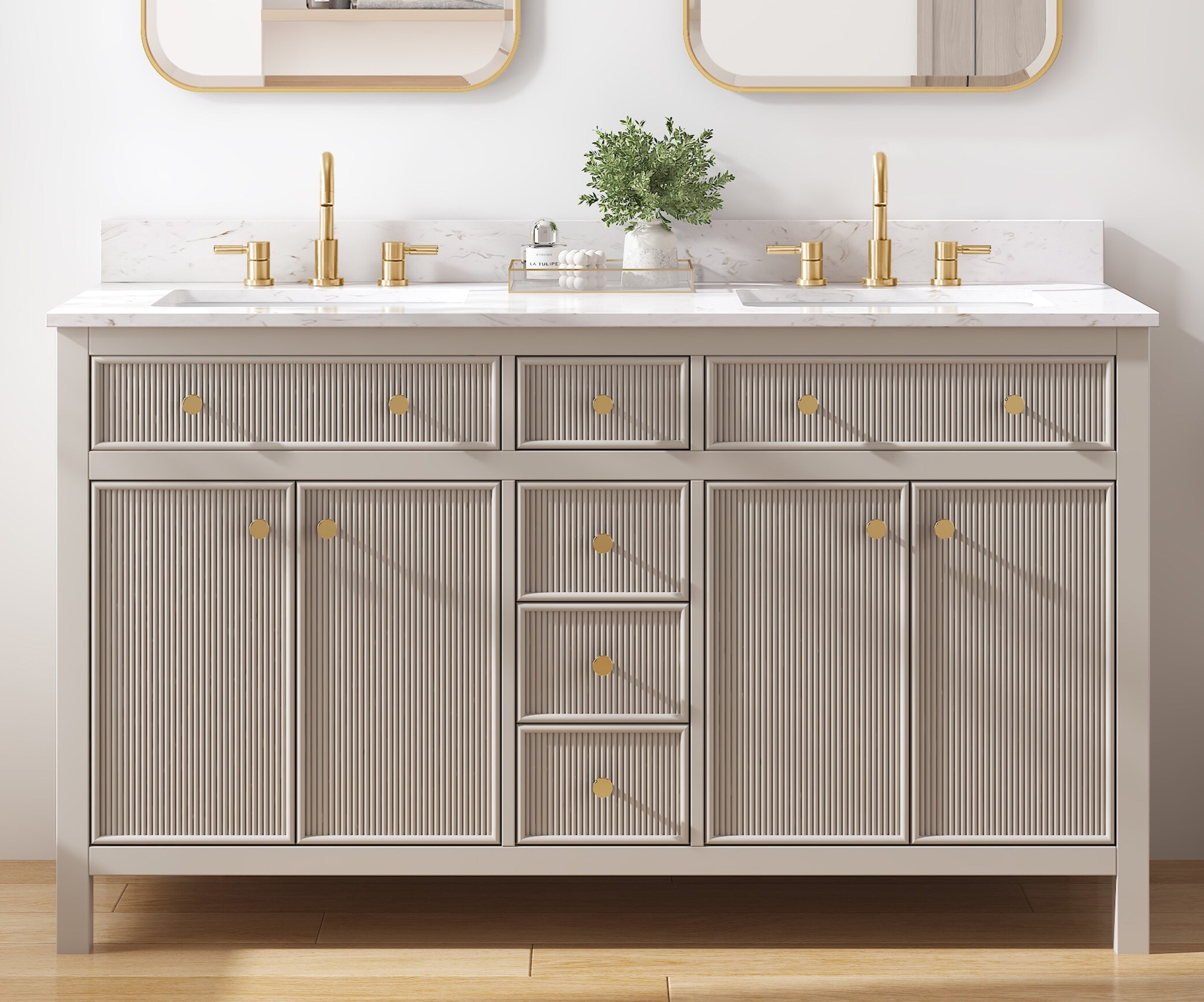 allen + roth Sandbanks 60-in Greige Undermount Double Sink Bathroom Vanity with White Engineered Stone Top