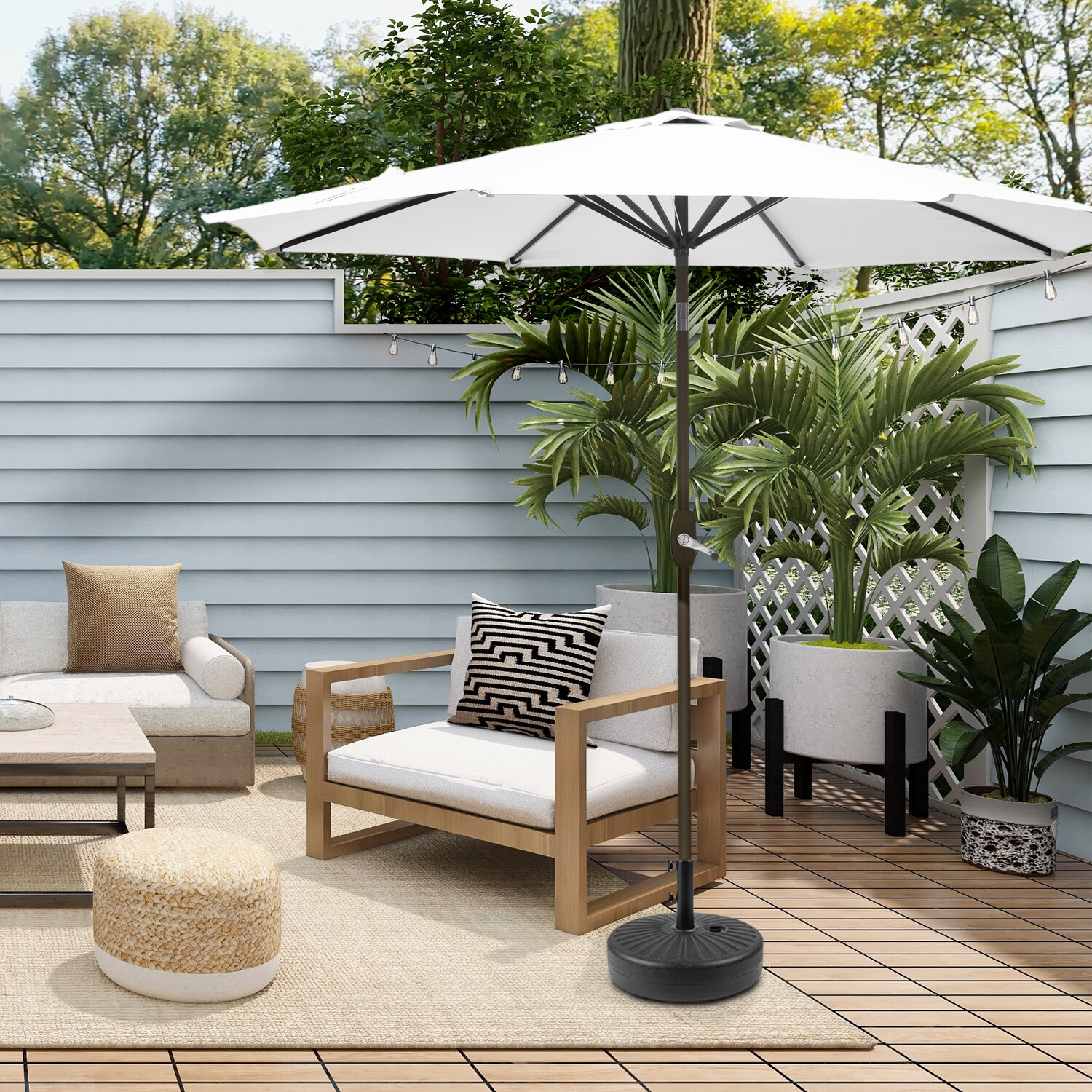 White 9 Ft Steel Outdoor Patio Umbrella with Black Base