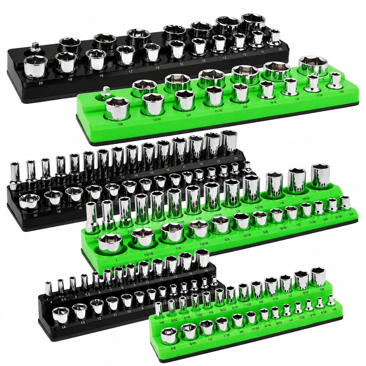 Misopily  Magnetic Socket Organizer Set 6 piece 1 4 3 8 1 2 SAE Metric Sockets Holder Drive Socket Trays Storage Tool Box Holding 143 Slots Soft