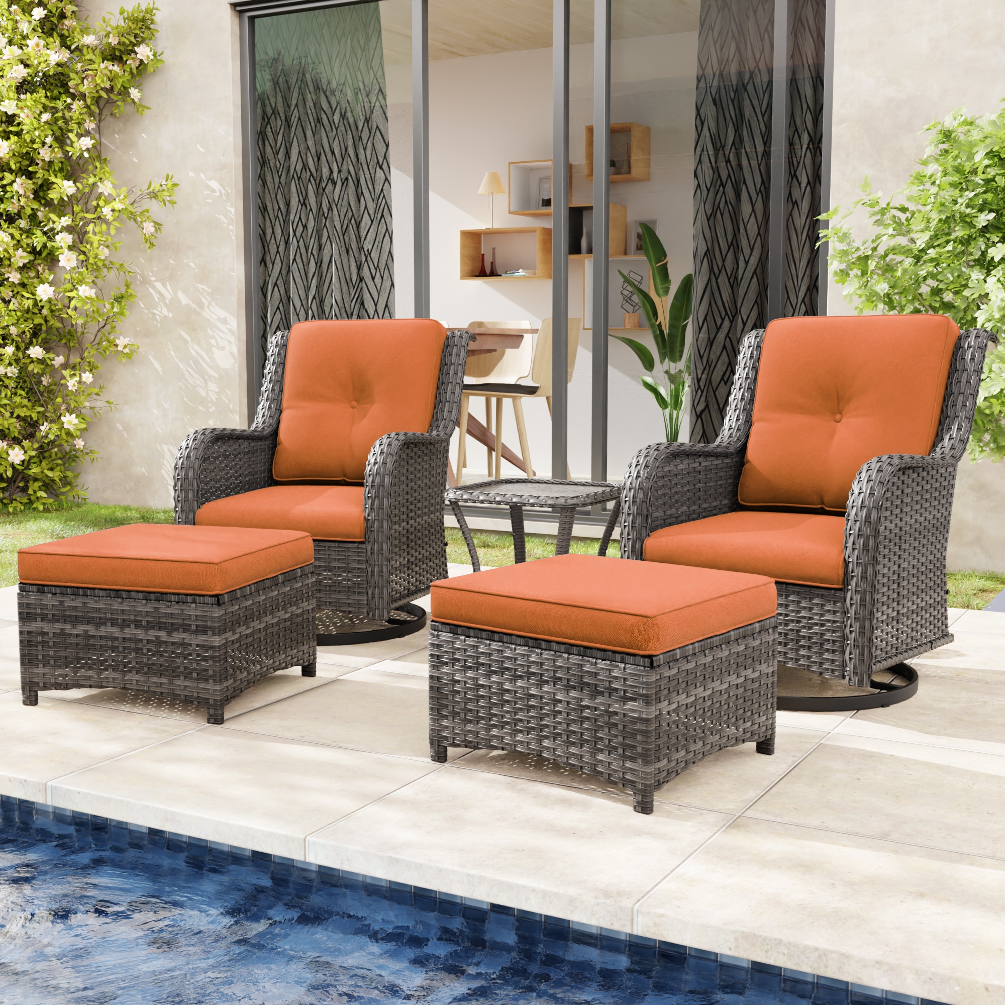 Gardenbee M01M74-ORG 5 -Piece Rattan Patio Conversation Set with Orange Cushions