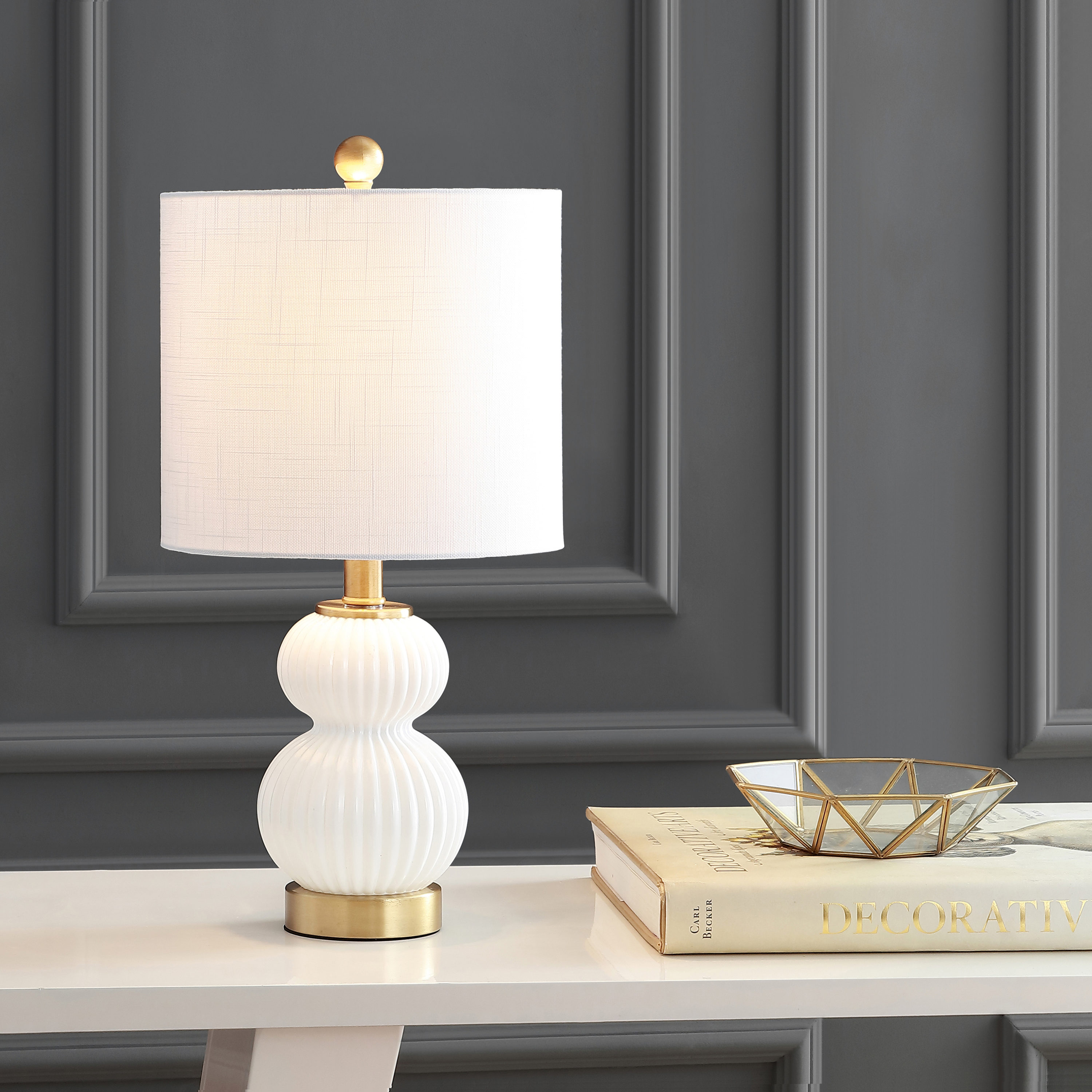 JONATHAN  Y JYL1099A Daphne Ribbed Glass Contemporary/Transitional 20-in Brass Gold LED Incandescent Rotary socket Table Lamp with Linen Shade