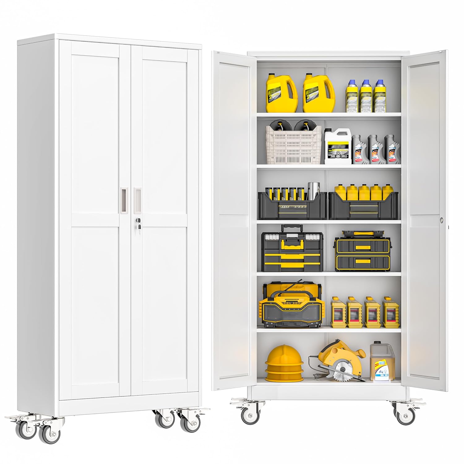GAIOUS 75 in Tall Lockable Steel Storage Cabinet with 2 Doors 5 Adjustable Shelves and Locking Wheels for Garage Home Office or Gym