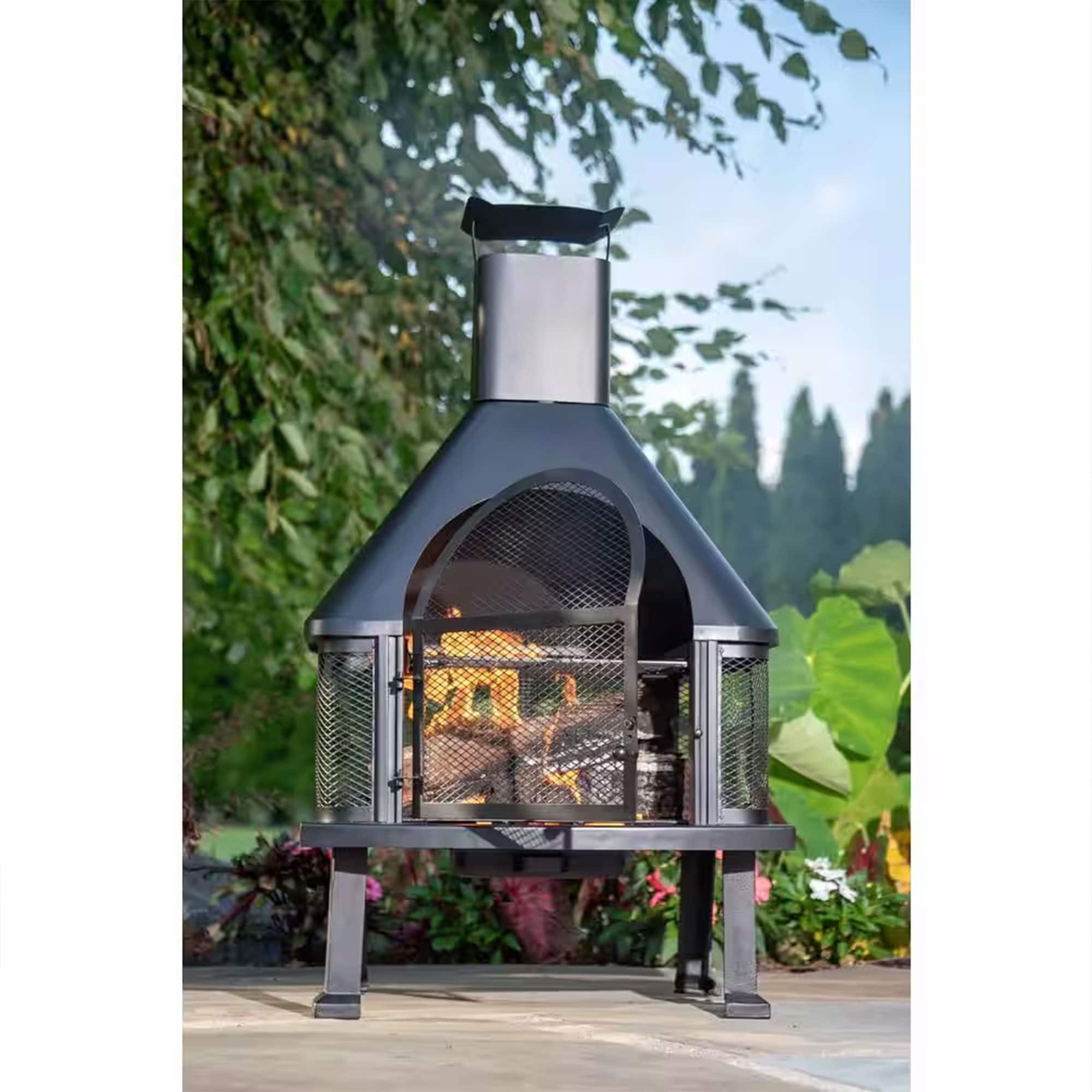 Black Steel Free-Standing Wood Burning Chimenea Fire Pit