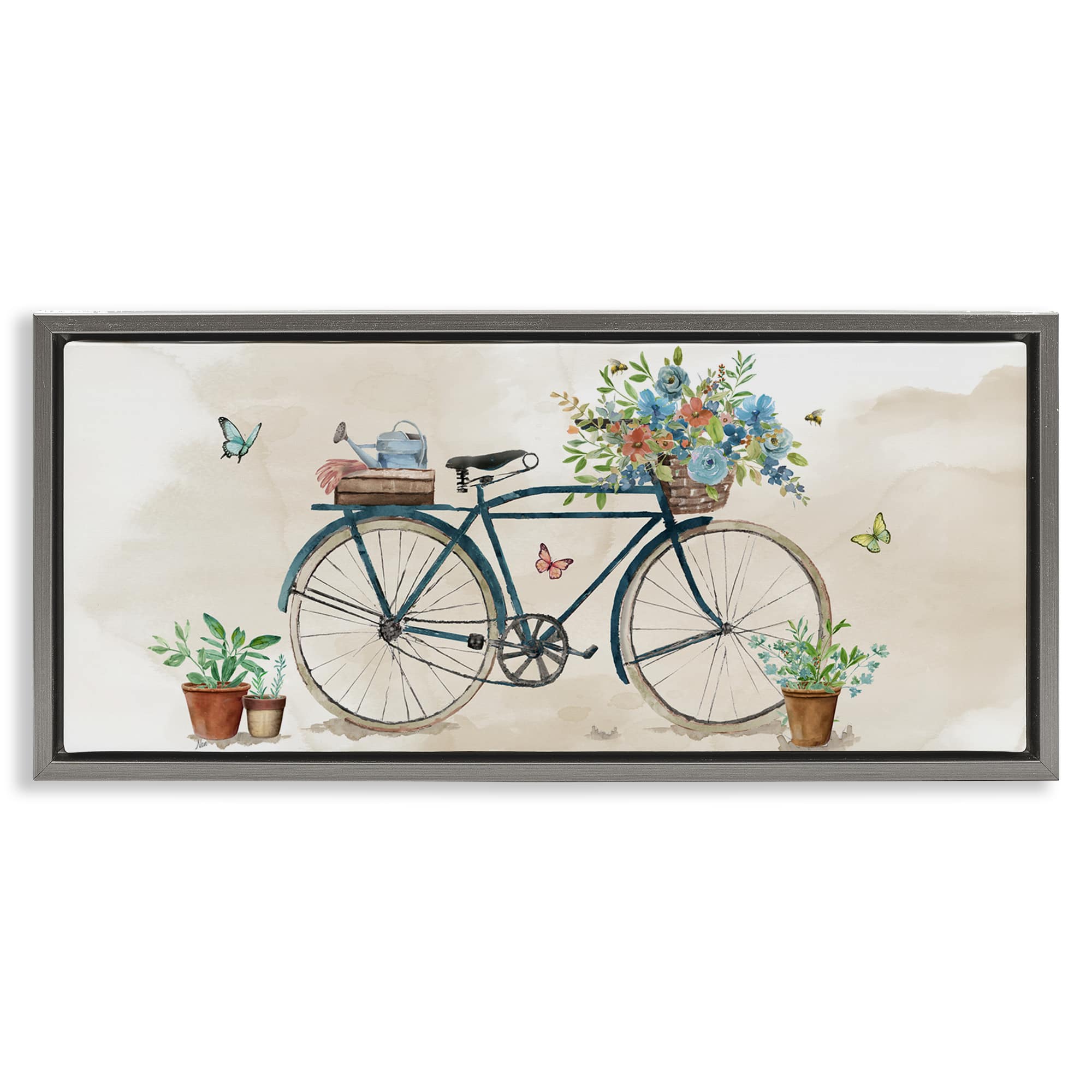 Stupell Industries BS-226-FFL-13X30 Garden Bicycle and Florals Gray Framed Floater Canvas Wall Art By Nan 31 x 14