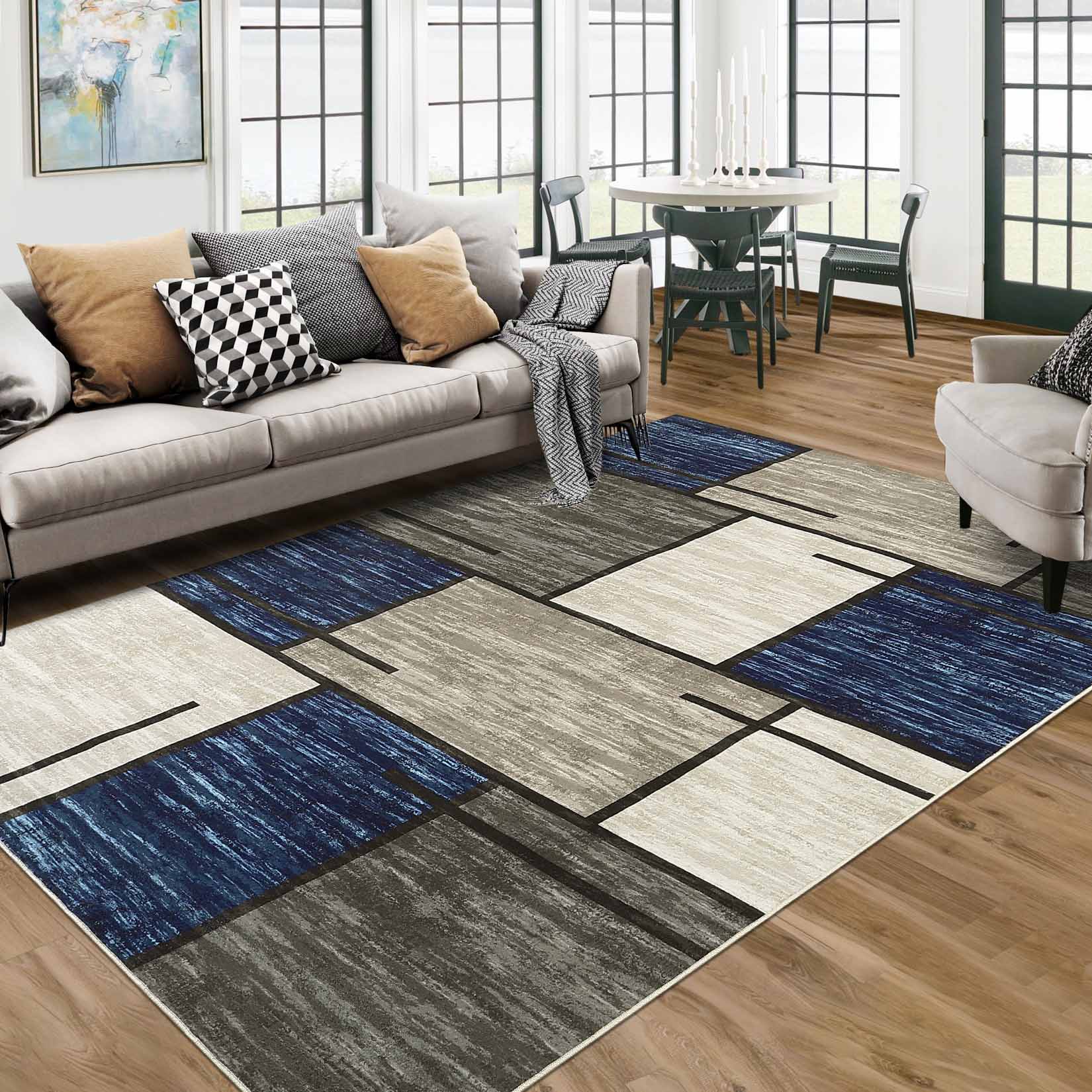 Garvee YXY-LO-PHO-14T2E4BM 4 x 6 (ft) Loomed Blue Rectangular Indoor Geometric Mid-Century Modern Machine washable Pet Friendly Area rug