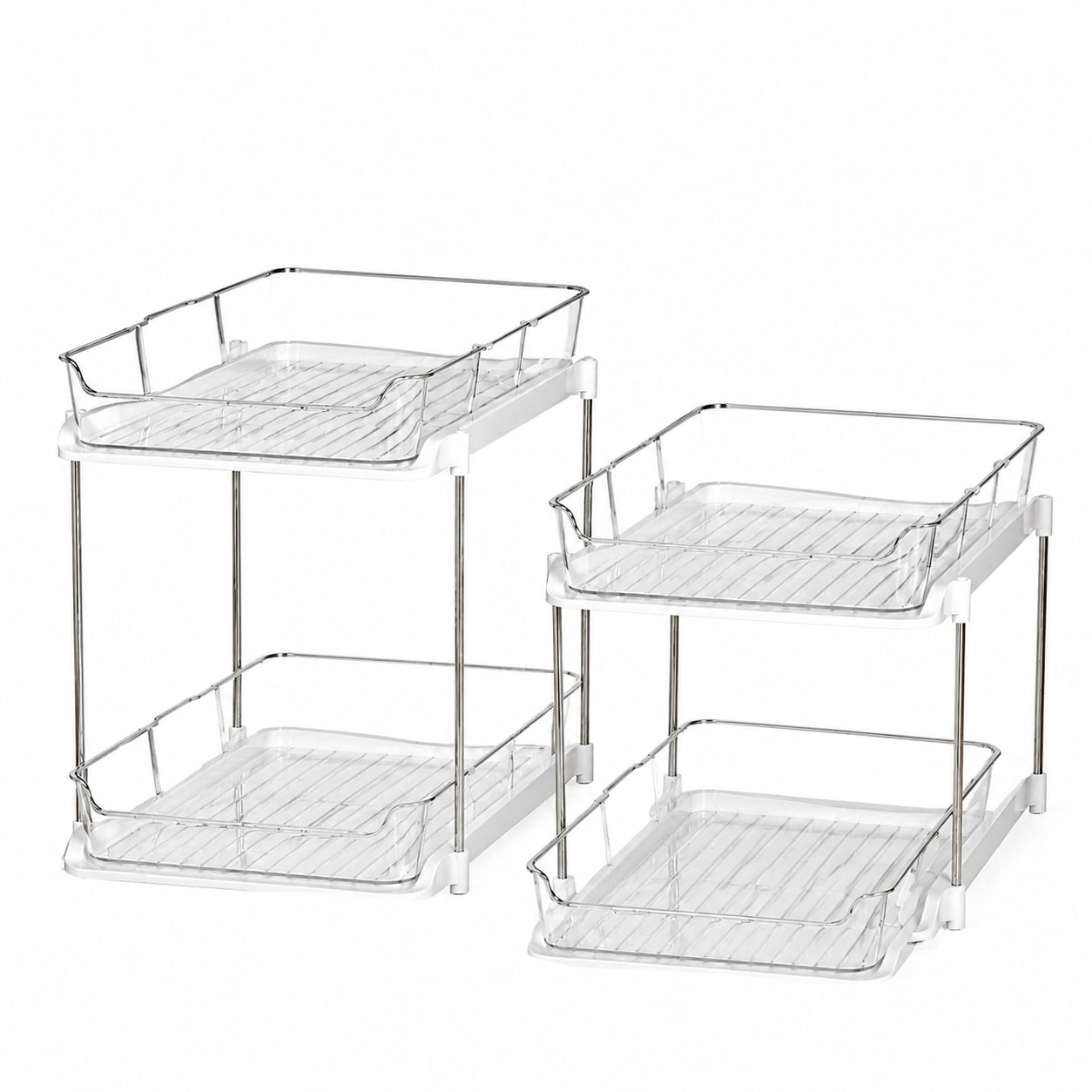 Aoibox  2 Tier Stackable Under Sink Organizer Set of 2 Pull Out Bins with Movable Dividers for Bathroom and Kitchen White