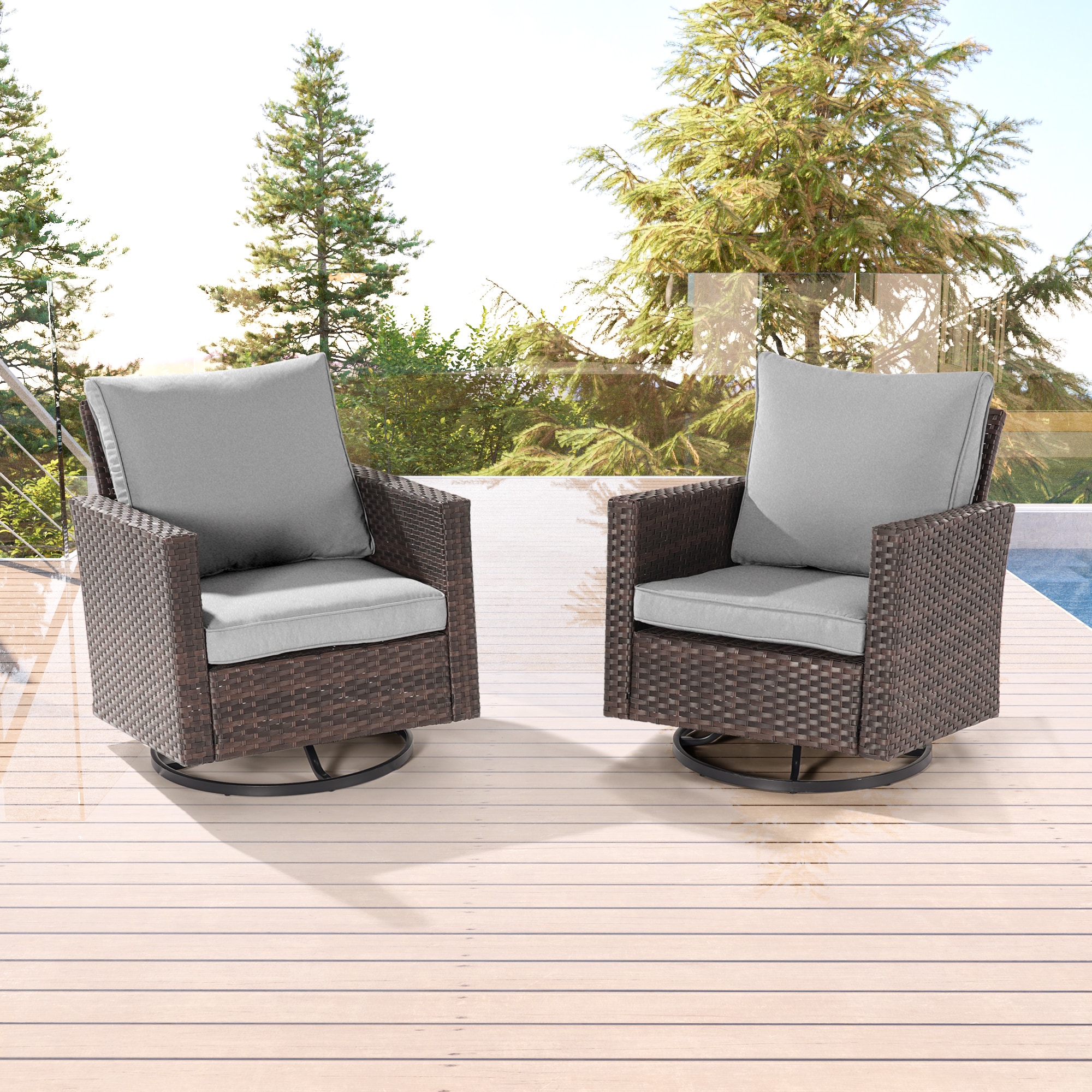 Sonkuki SD-2RCBLYTB2 Swivel Rocking Chair 2 -Piece Rattan Patio Conversation Set with Gray Cushions