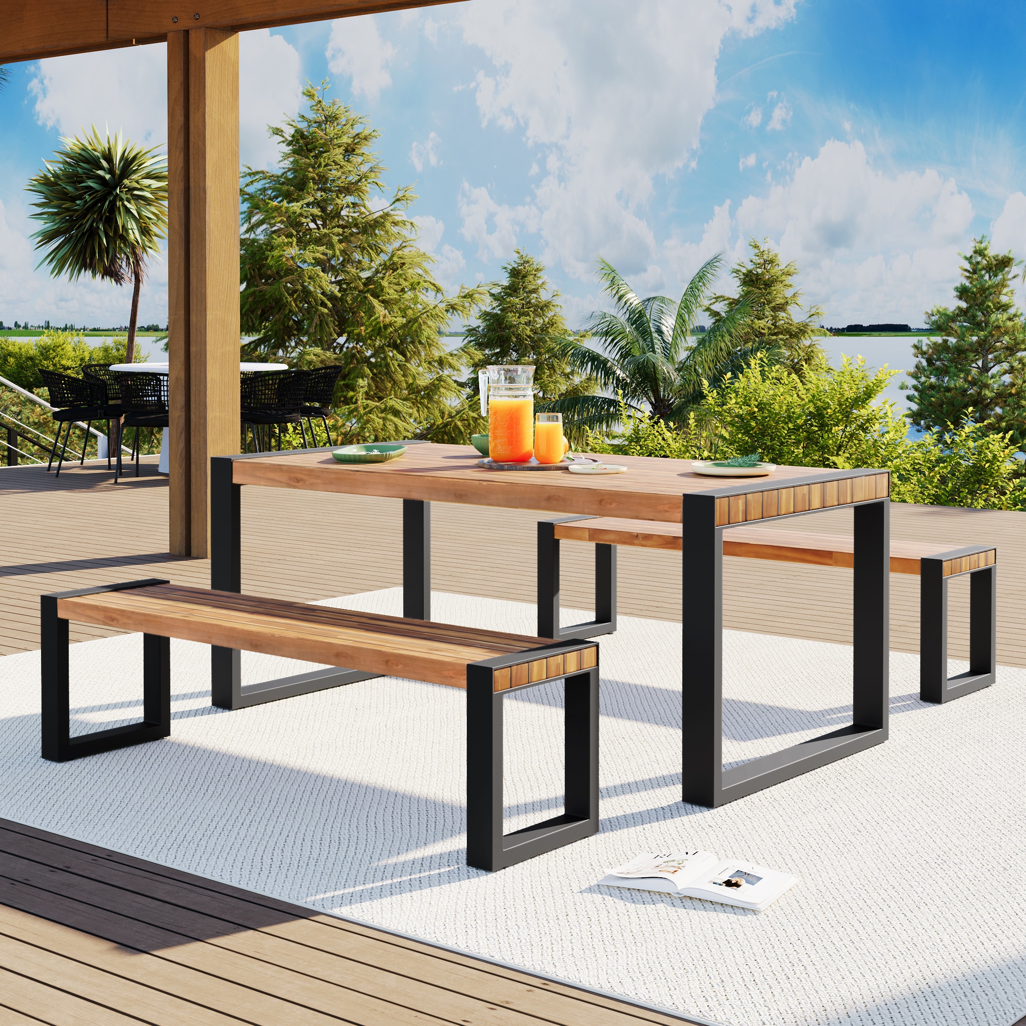 Forclover E3FW-040GR 3 -Piece Black Patio Dining Set Steel Rectangle Table with 2 Stationary Chairs