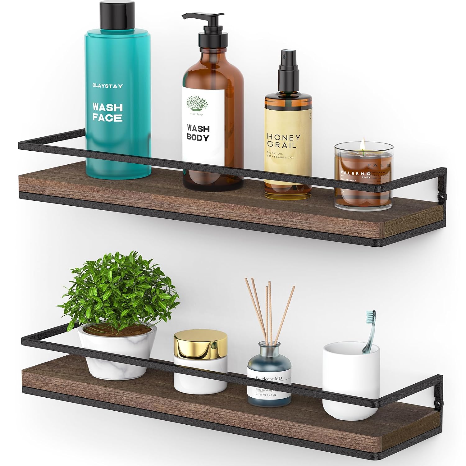 SPACELEAD Rustic Solid Wood and Metal Floating Wall Shelves Set of 2 with Protective Bar for Bedroom Living Room Bathroom and Kitchen