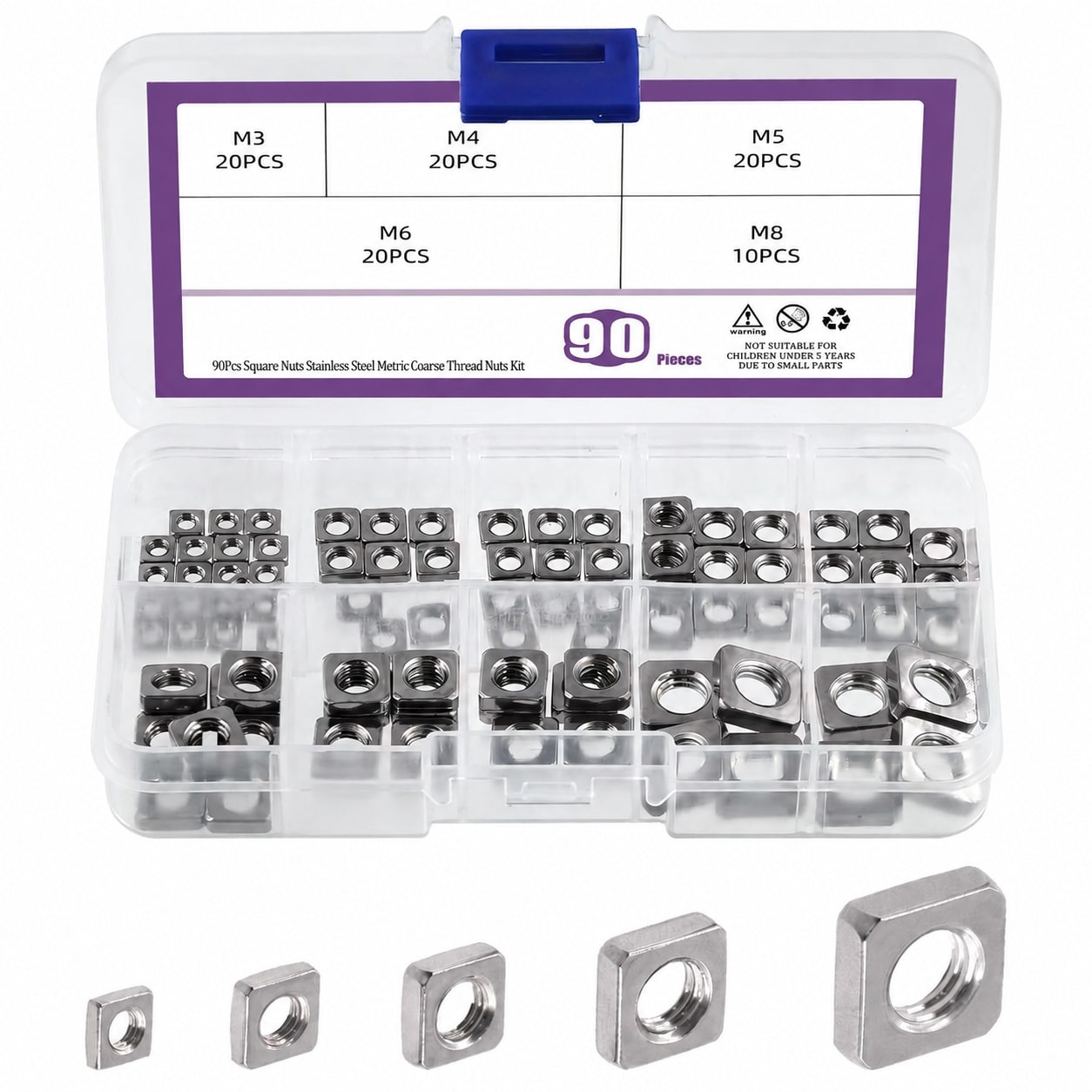 CYIKE 90pcs Metric Square Nut Kit 304 Stainless Steel M3 M4 M5 M6 M8 ...