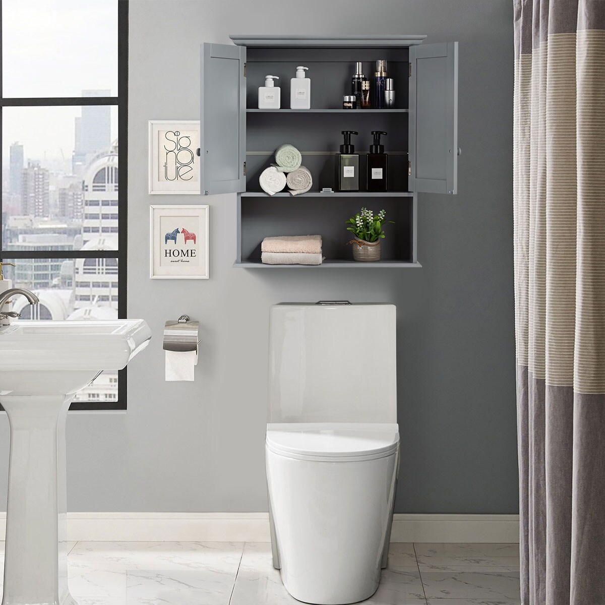 24.8 in. W x 77 in. H x 7.87 in. D Gray MDF Bathroom Over-the-Toilet Storage Cabinet with Doors and Shelves