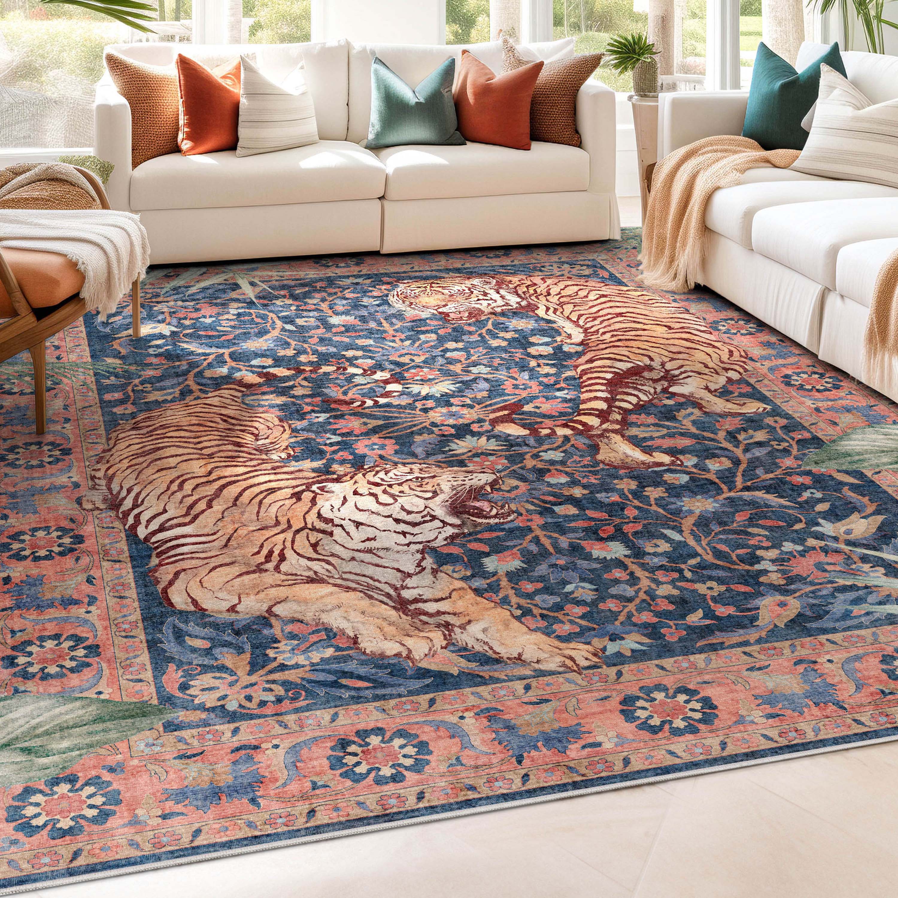 Apollo Botanical Tiger Print Navy Synthetic Area Rug 5'3" x 7'3"